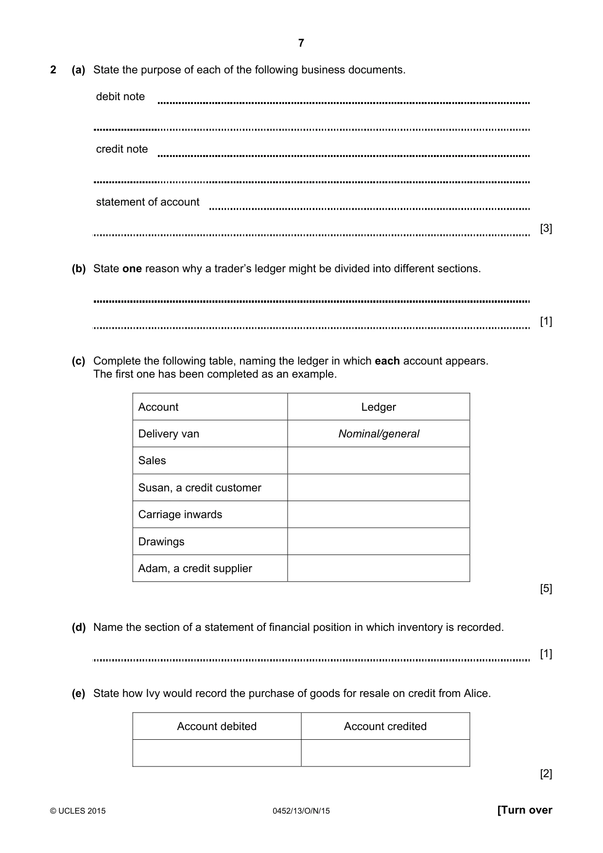 Cambridge IGCSE Accounting 0452 2015 Oct/Nov Paper 1 · Variant 3 question paper, page 7 of 24