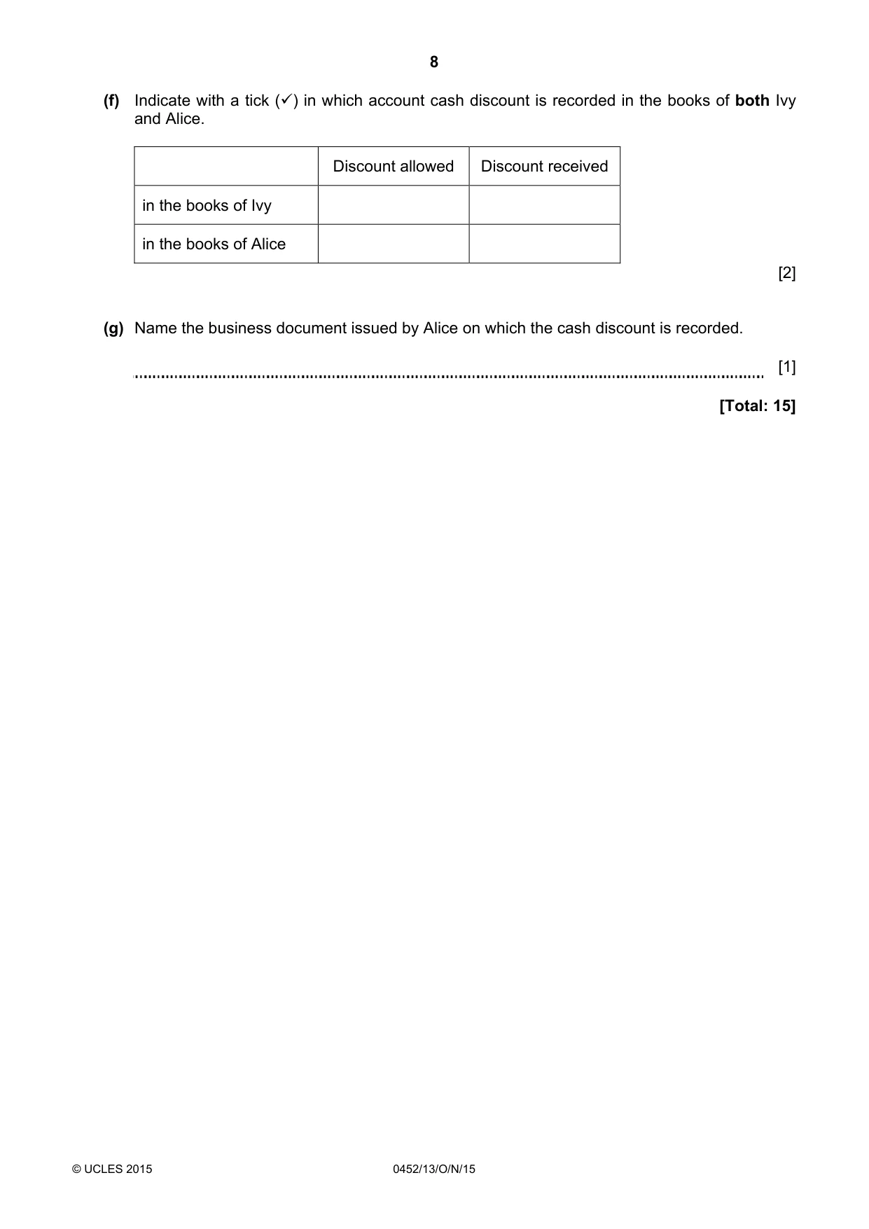 Cambridge IGCSE Accounting 0452 2015 Oct/Nov Paper 1 · Variant 3 question paper, page 8 of 24