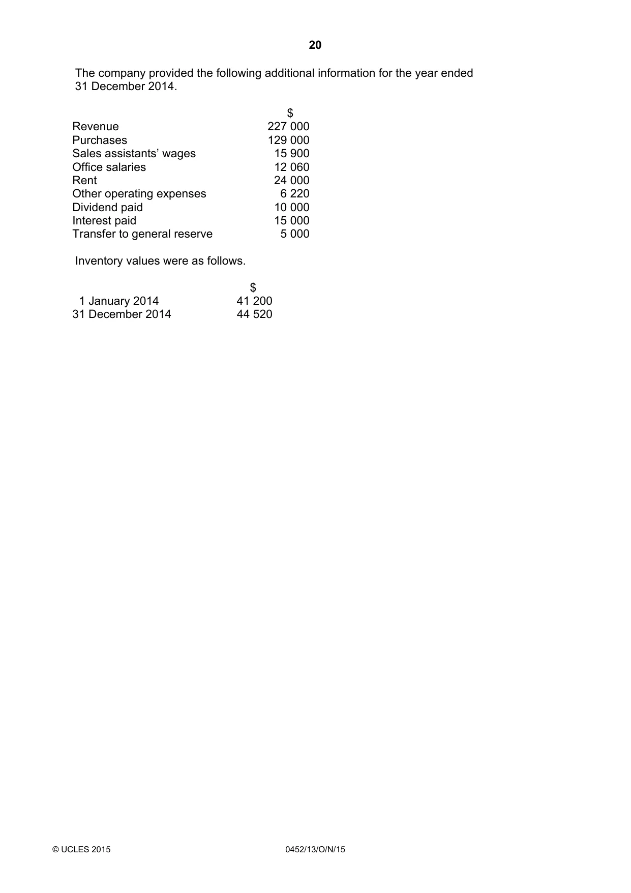 Cambridge IGCSE Accounting 0452 2015 Oct/Nov Paper 1 · Variant 3 question paper, page 20 of 24