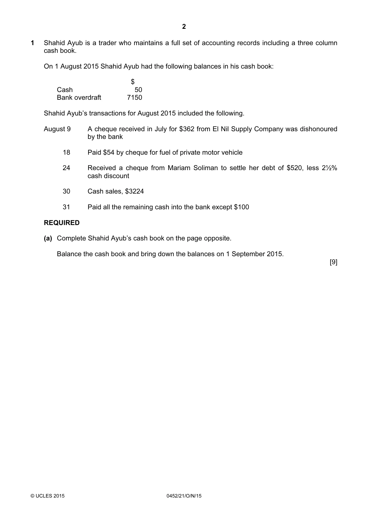 Cambridge IGCSE Accounting 0452 2015 Oct/Nov Paper 2 · Variant 1 question paper, page 2 of 20