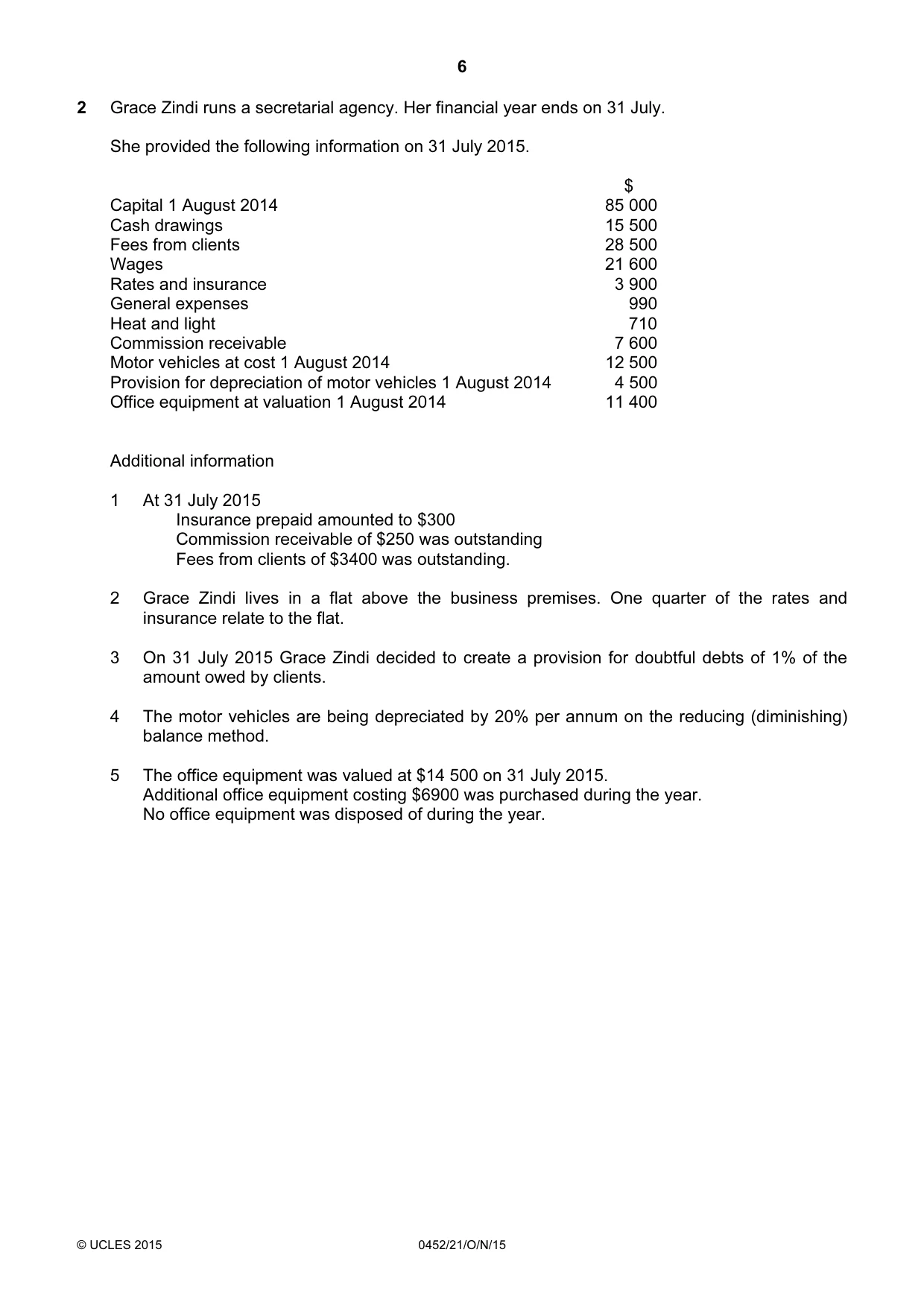 Cambridge IGCSE Accounting 0452 2015 Oct/Nov Paper 2 · Variant 1 question paper, page 6 of 20