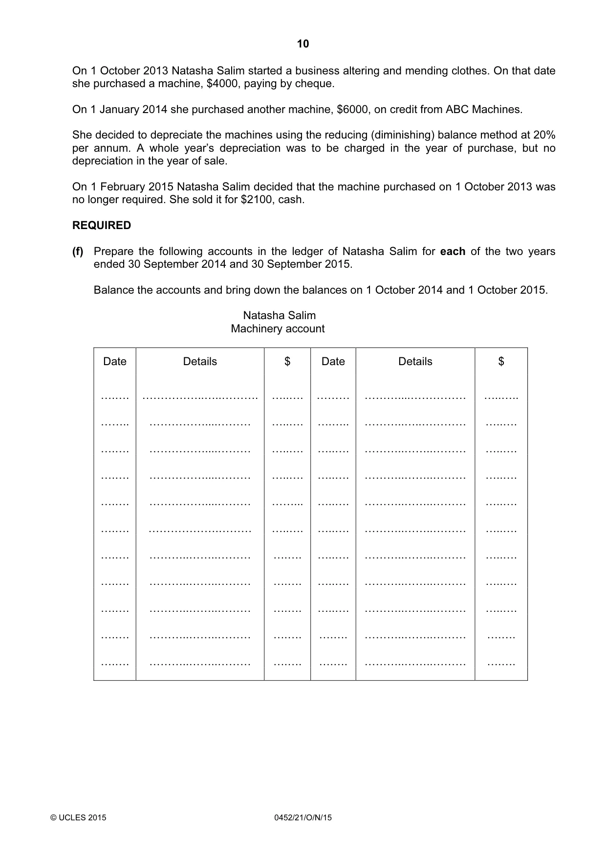 Cambridge IGCSE Accounting 0452 2015 Oct/Nov Paper 2 · Variant 1 question paper, page 10 of 20