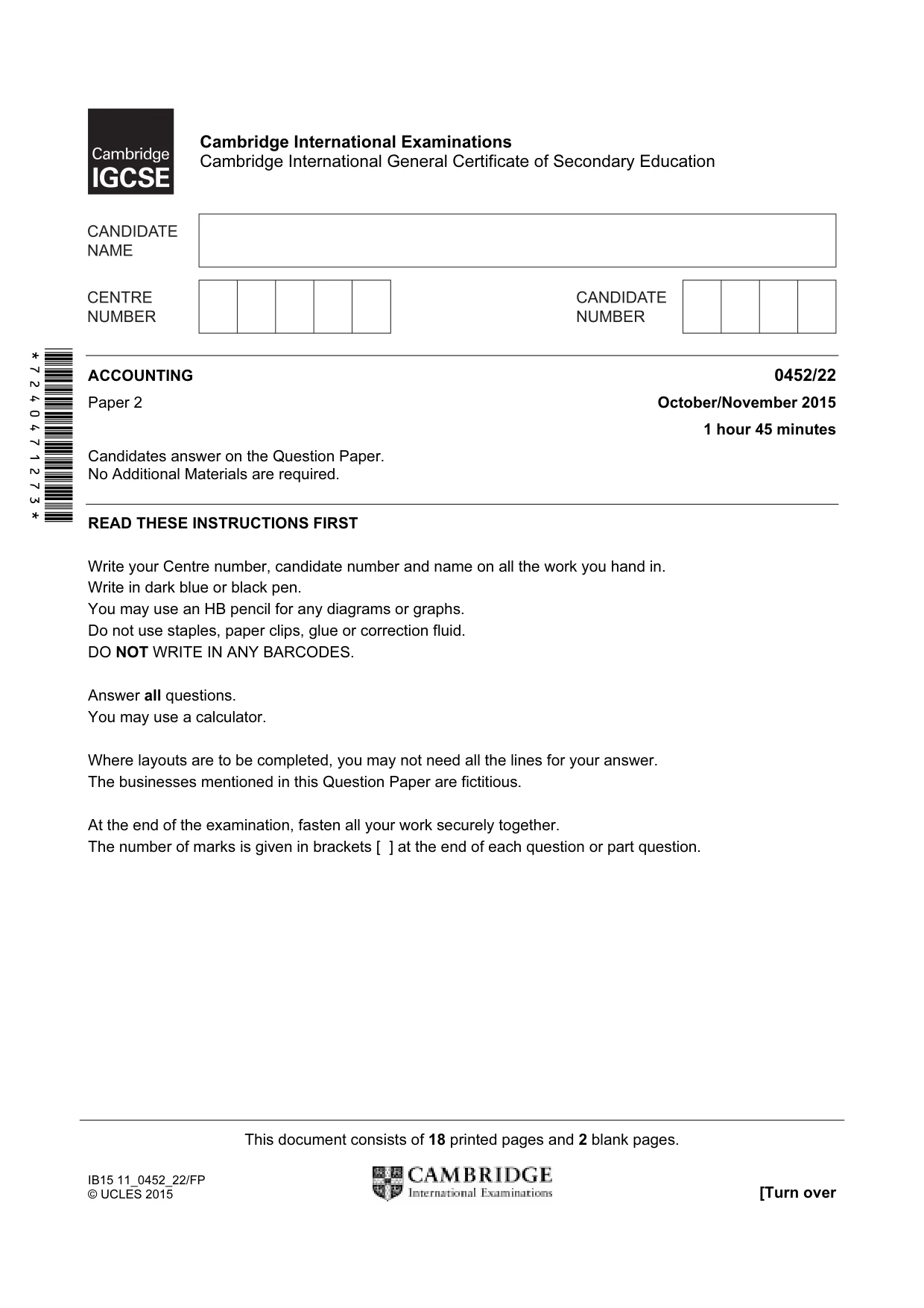 Cambridge IGCSE Accounting 0452 2015 Oct/Nov Paper 2 · Variant 2 question paper, page 1 of 20