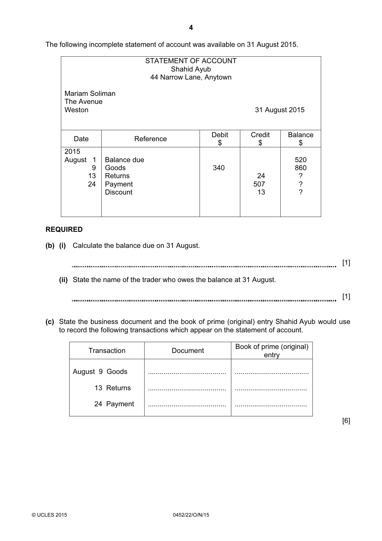 Cambridge IGCSE Accounting 0452 2015 Oct/Nov Paper 2 · Variant 2 question paper, page 4 of 20