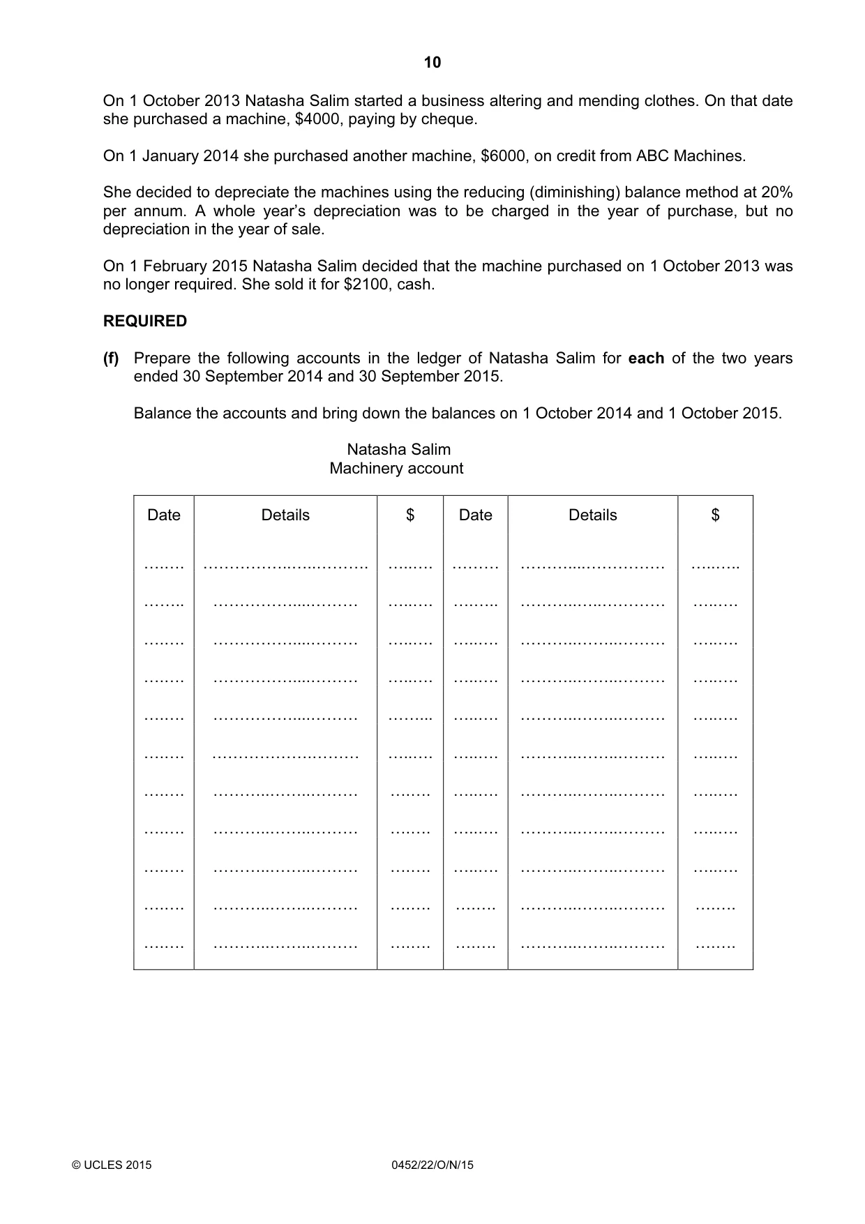 Cambridge IGCSE Accounting 0452 2015 Oct/Nov Paper 2 · Variant 2 question paper, page 10 of 20