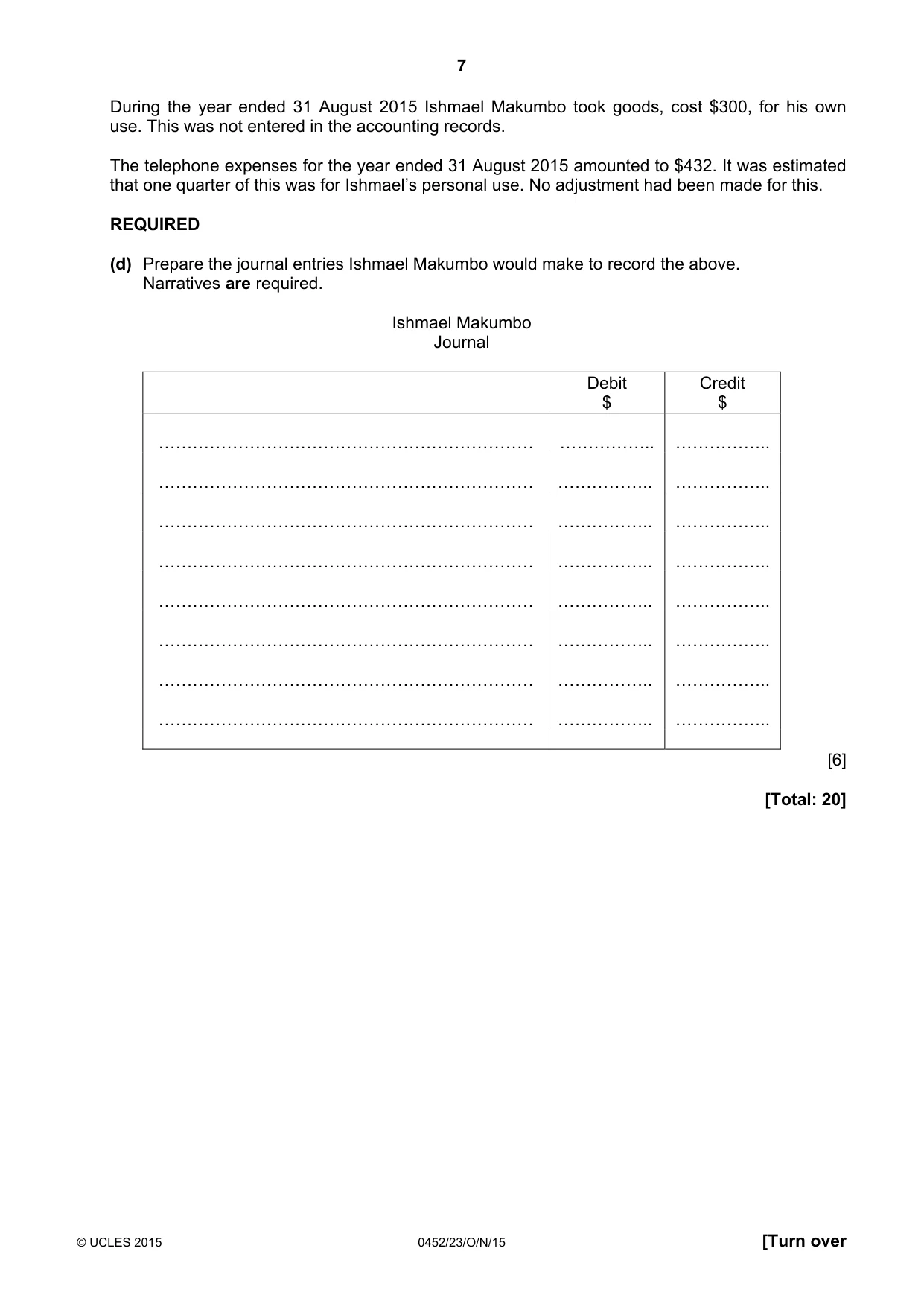 Cambridge IGCSE Accounting 0452 2015 Oct/Nov Paper 2 · Variant 3 question paper, page 7 of 20