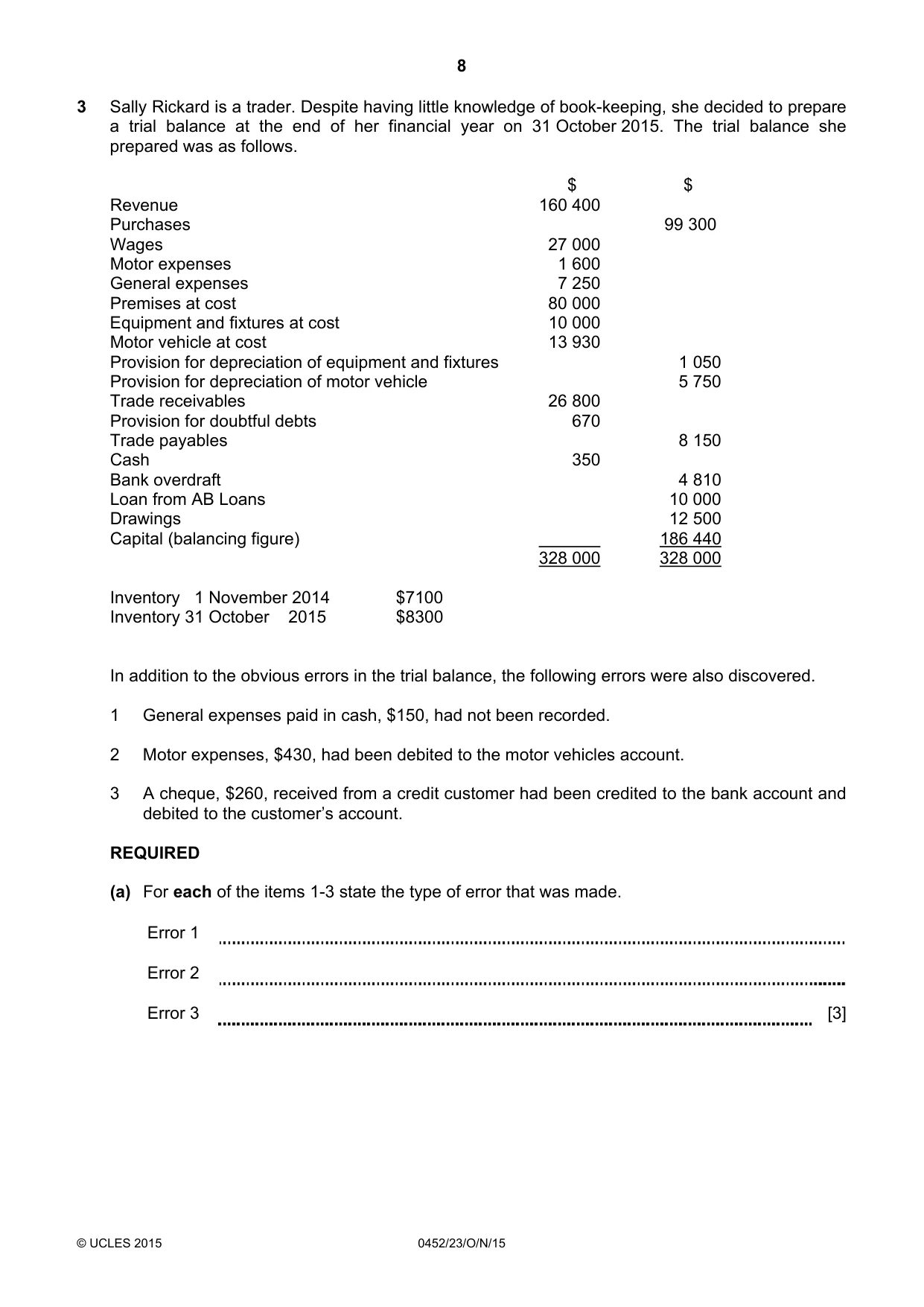 Cambridge IGCSE Accounting 0452 2015 Oct/Nov Paper 2 · Variant 3 question paper, page 8 of 20