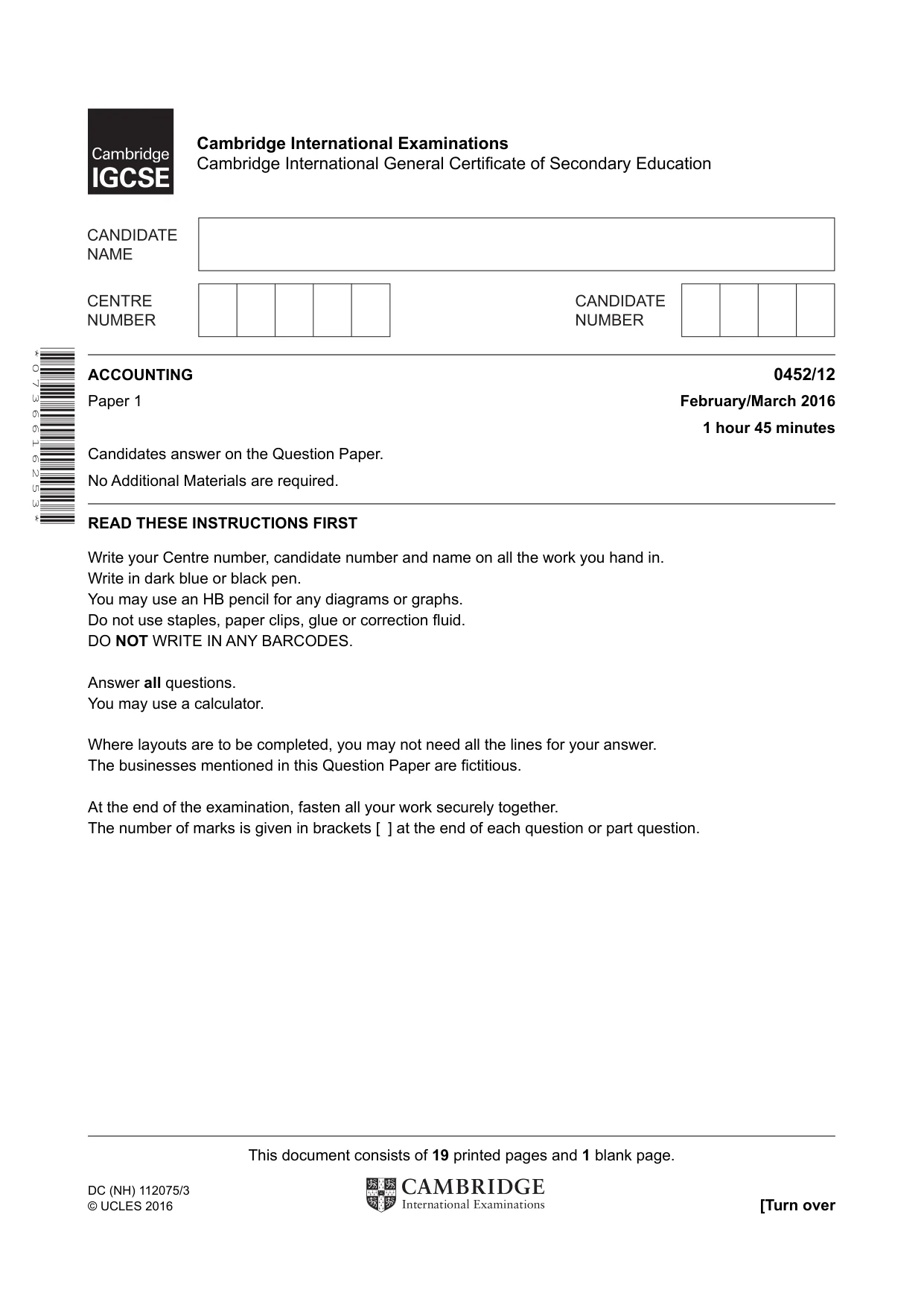 Cambridge IGCSE Accounting 0452 2016 Feb/March Paper 1 · Variant 2 question paper, page 1 of 20