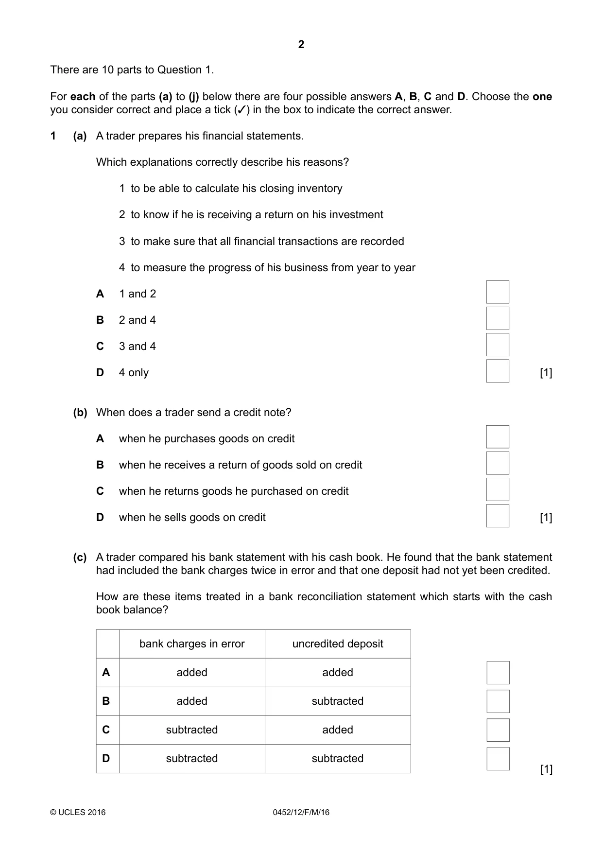 Cambridge IGCSE Accounting 0452 2016 Feb/March Paper 1 · Variant 2 question paper, page 2 of 20
