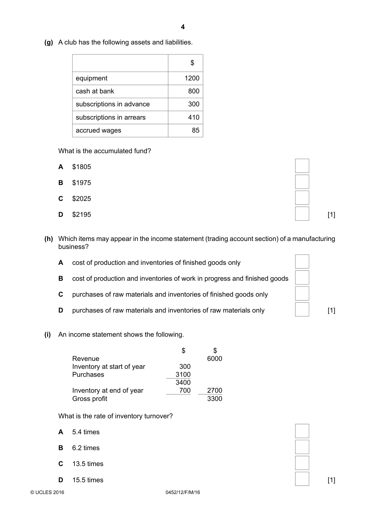 Cambridge IGCSE Accounting 0452 2016 Feb/March Paper 1 · Variant 2 question paper, page 4 of 20