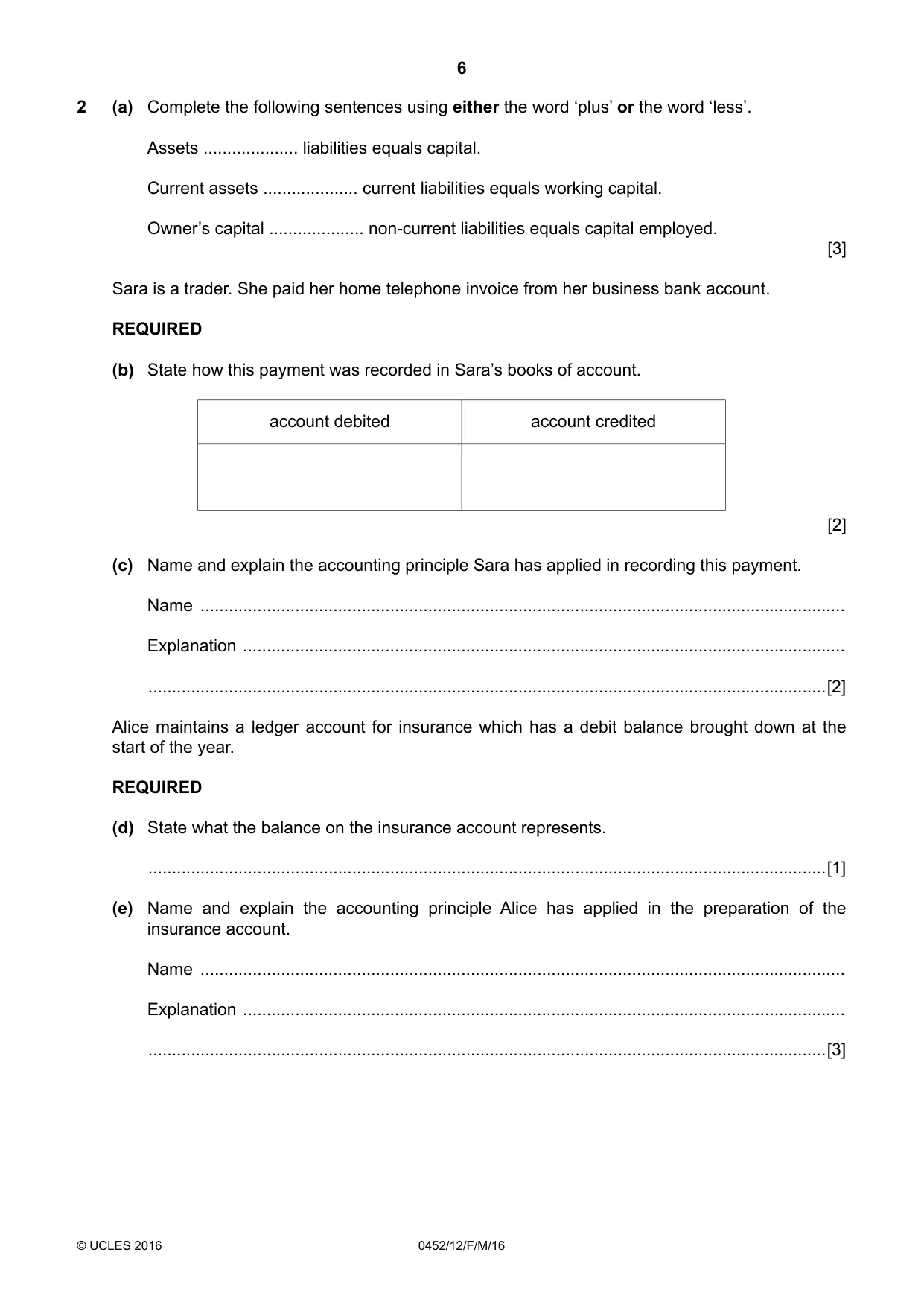Cambridge IGCSE Accounting 0452 2016 Feb/March Paper 1 · Variant 2 question paper, page 6 of 20