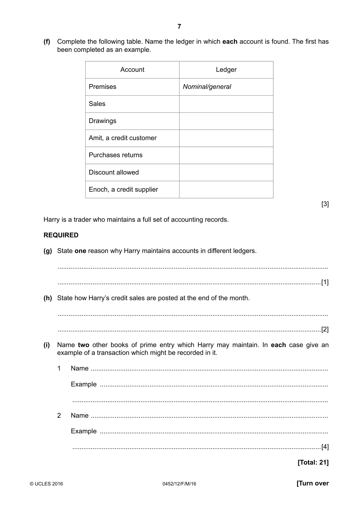 Cambridge IGCSE Accounting 0452 2016 Feb/March Paper 1 · Variant 2 question paper, page 7 of 20
