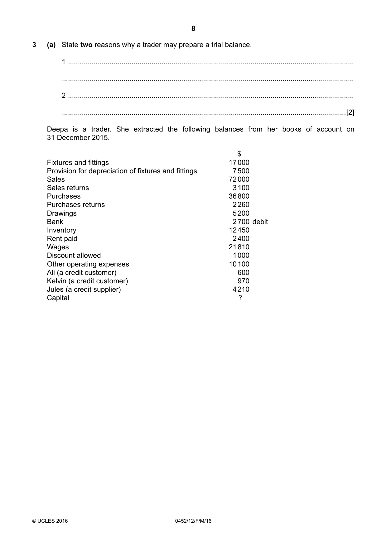 Cambridge IGCSE Accounting 0452 2016 Feb/March Paper 1 · Variant 2 question paper, page 8 of 20