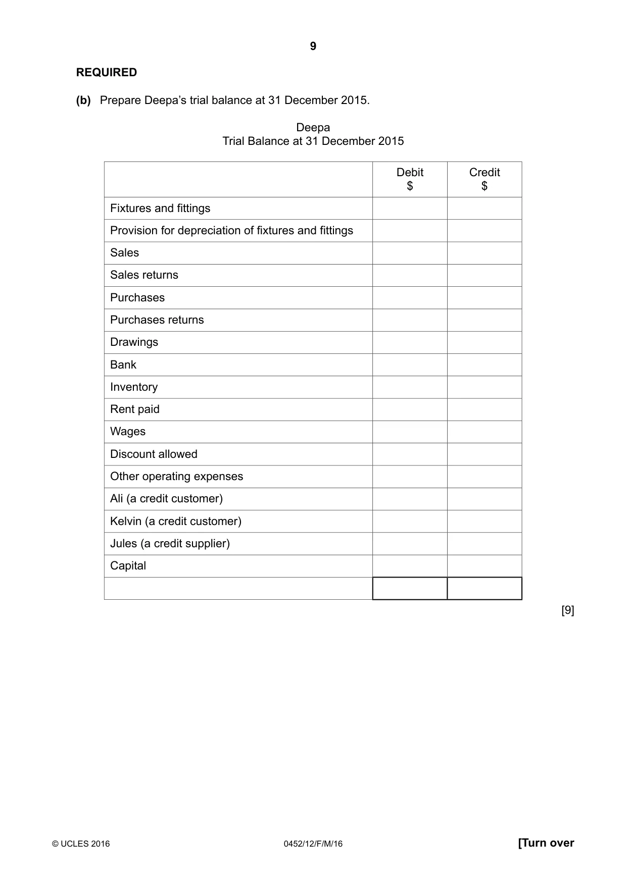 Cambridge IGCSE Accounting 0452 2016 Feb/March Paper 1 · Variant 2 question paper, page 9 of 20