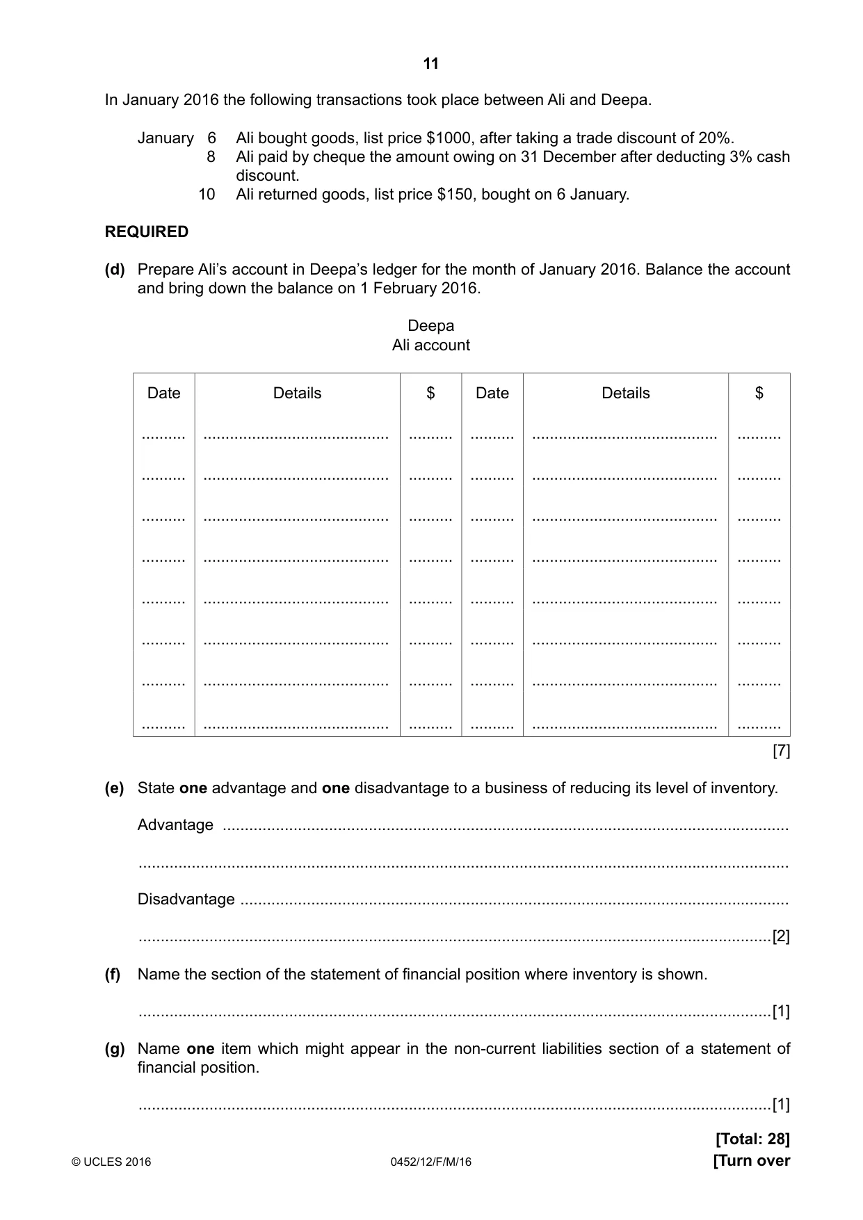 Cambridge IGCSE Accounting 0452 2016 Feb/March Paper 1 · Variant 2 question paper, page 11 of 20