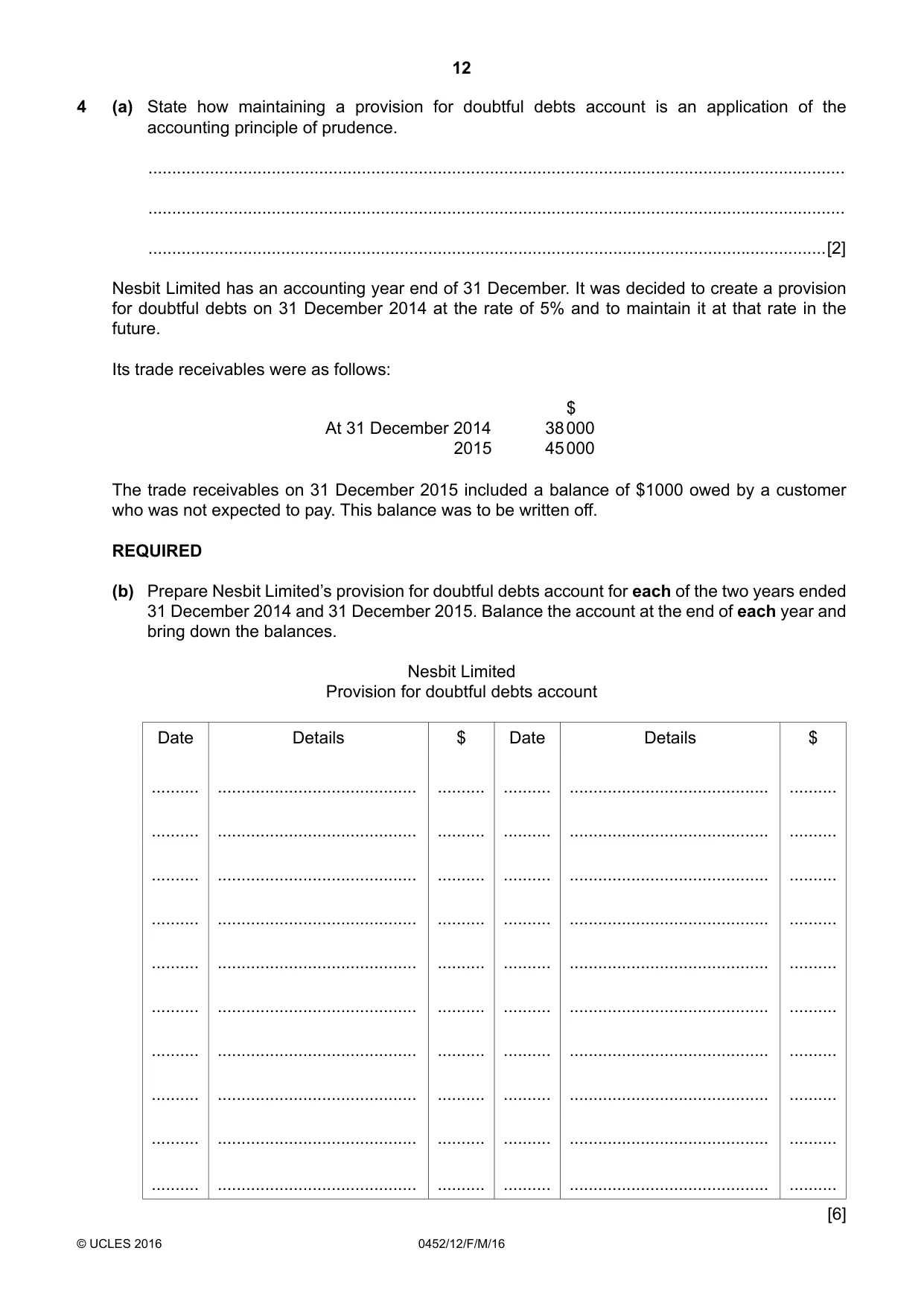 Cambridge IGCSE Accounting 0452 2016 Feb/March Paper 1 · Variant 2 question paper, page 12 of 20
