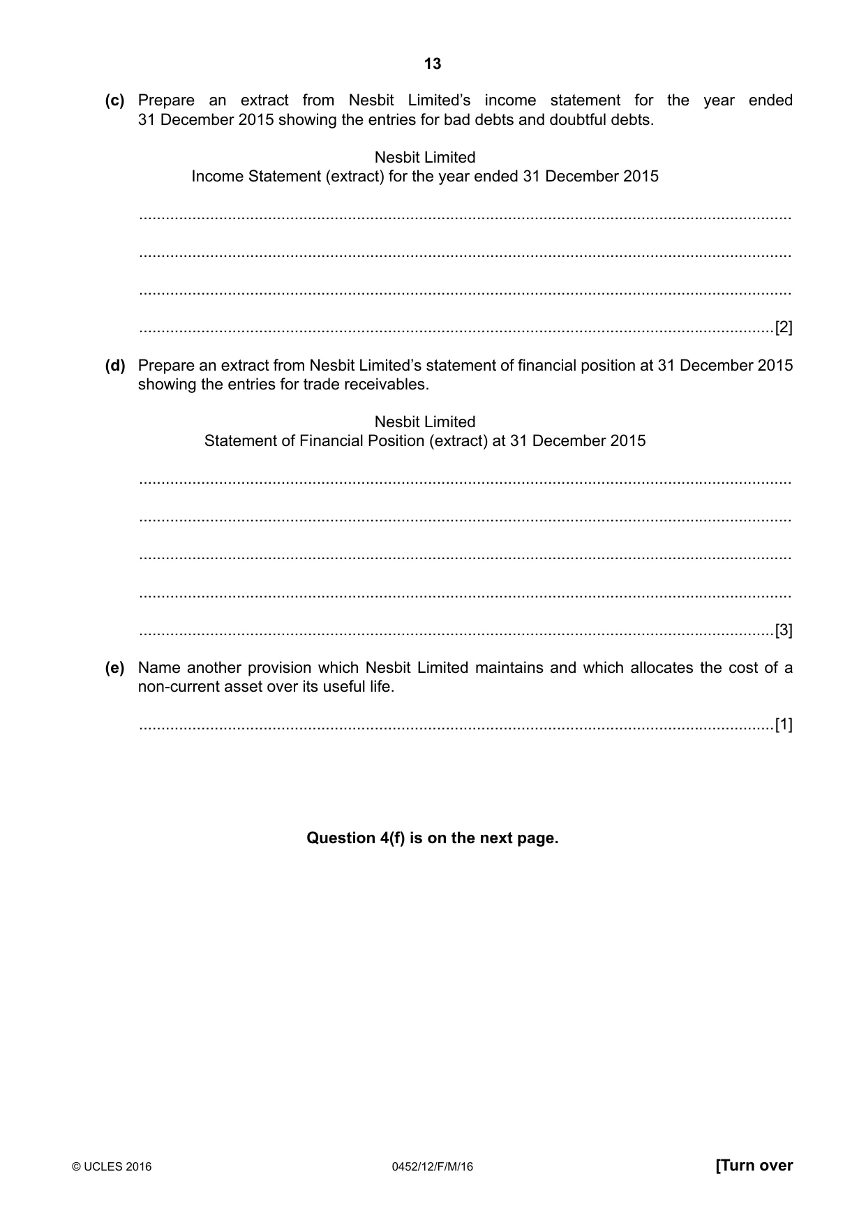 Cambridge IGCSE Accounting 0452 2016 Feb/March Paper 1 · Variant 2 question paper, page 13 of 20