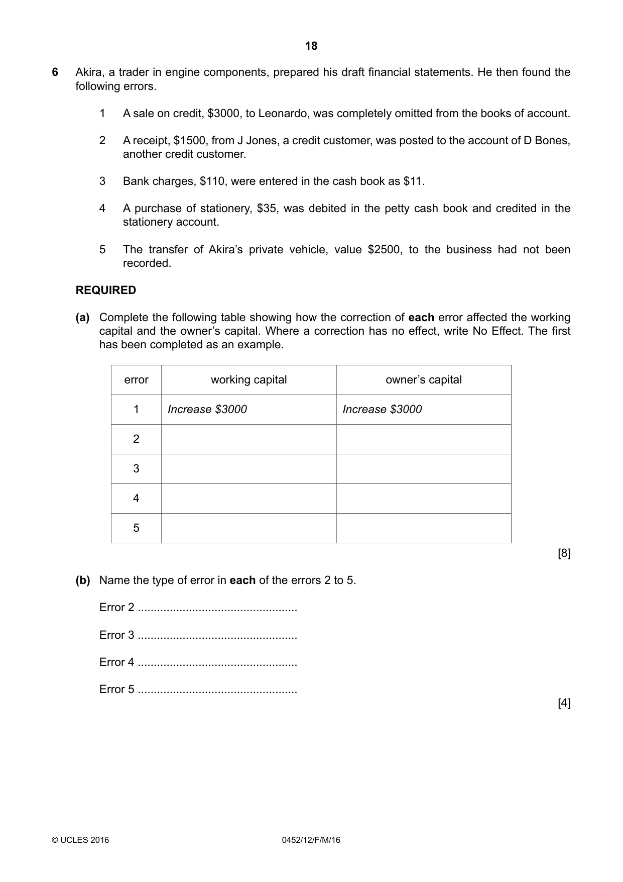 Cambridge IGCSE Accounting 0452 2016 Feb/March Paper 1 · Variant 2 question paper, page 18 of 20