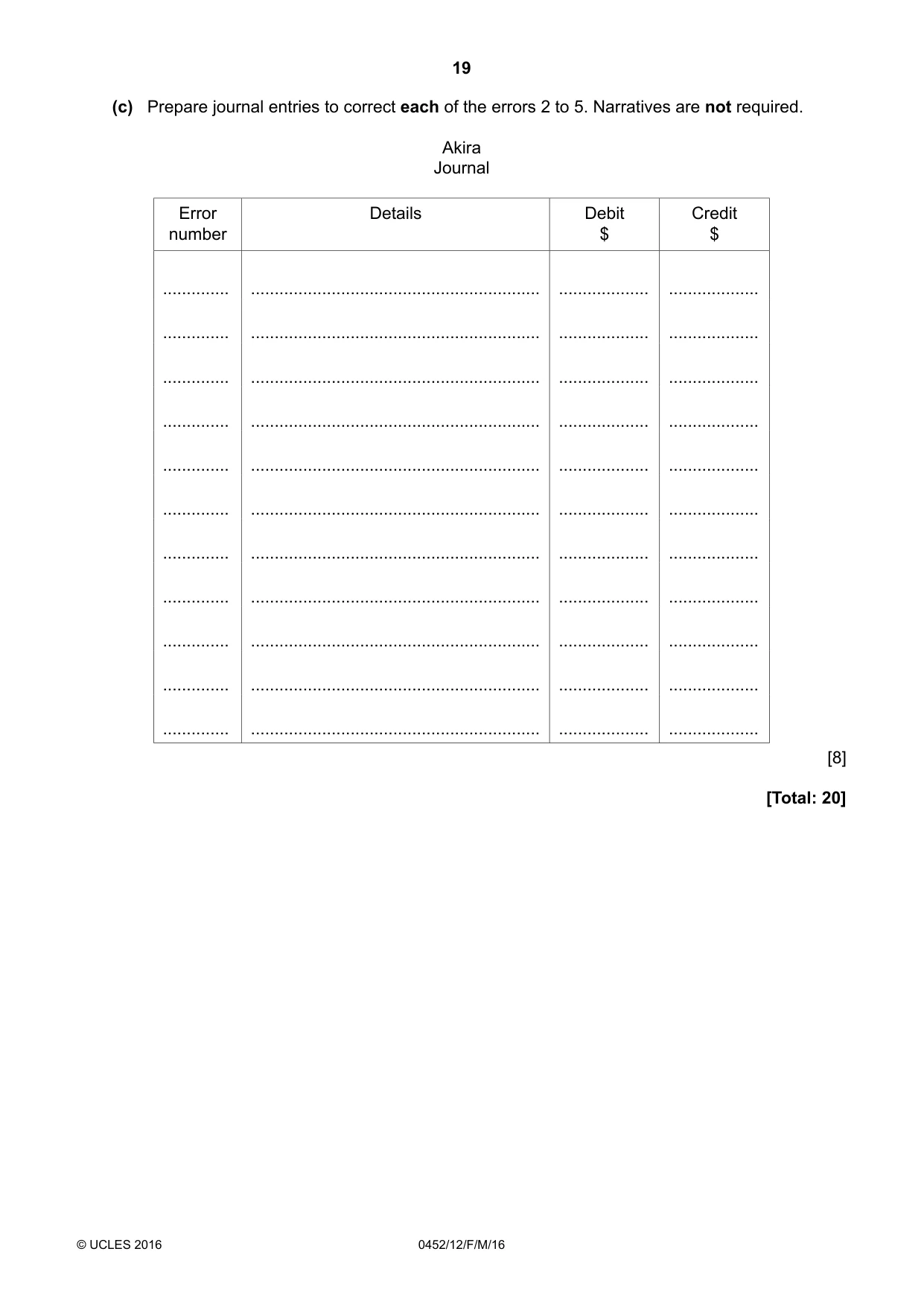 Cambridge IGCSE Accounting 0452 2016 Feb/March Paper 1 · Variant 2 question paper, page 19 of 20