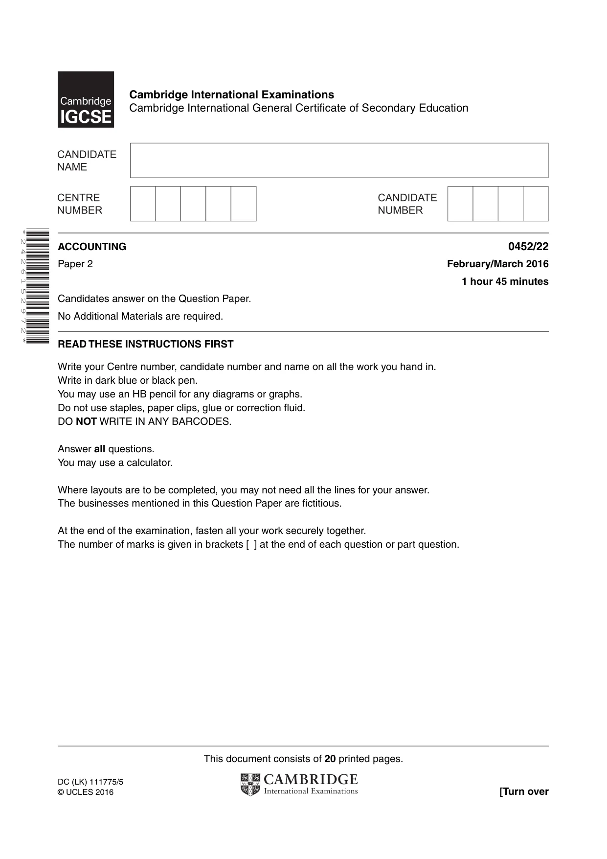 Cambridge IGCSE Accounting 0452 2016 Feb/March Paper 2 · Variant 2 question paper, page 1 of 20