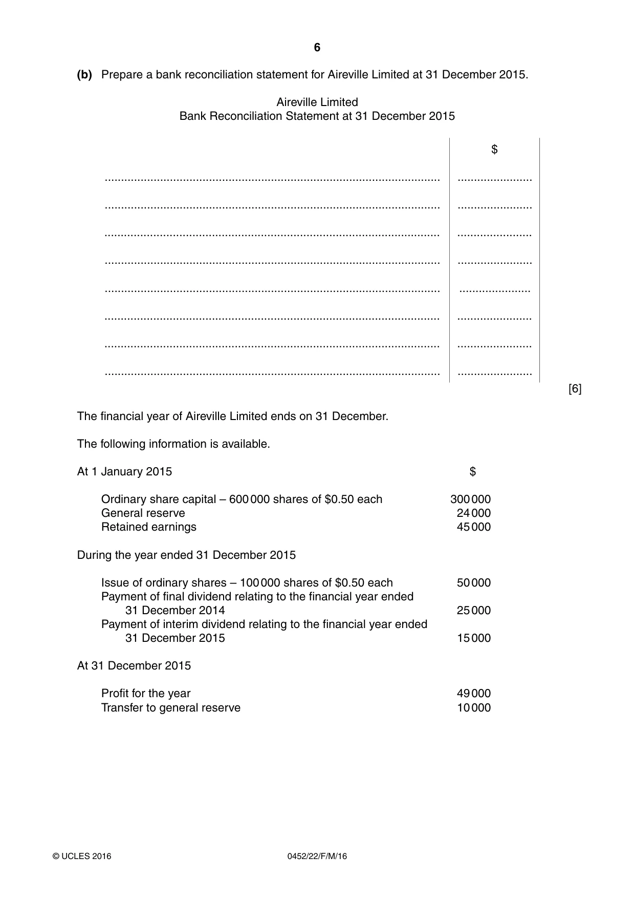 Cambridge IGCSE Accounting 0452 2016 Feb/March Paper 2 · Variant 2 question paper, page 6 of 20