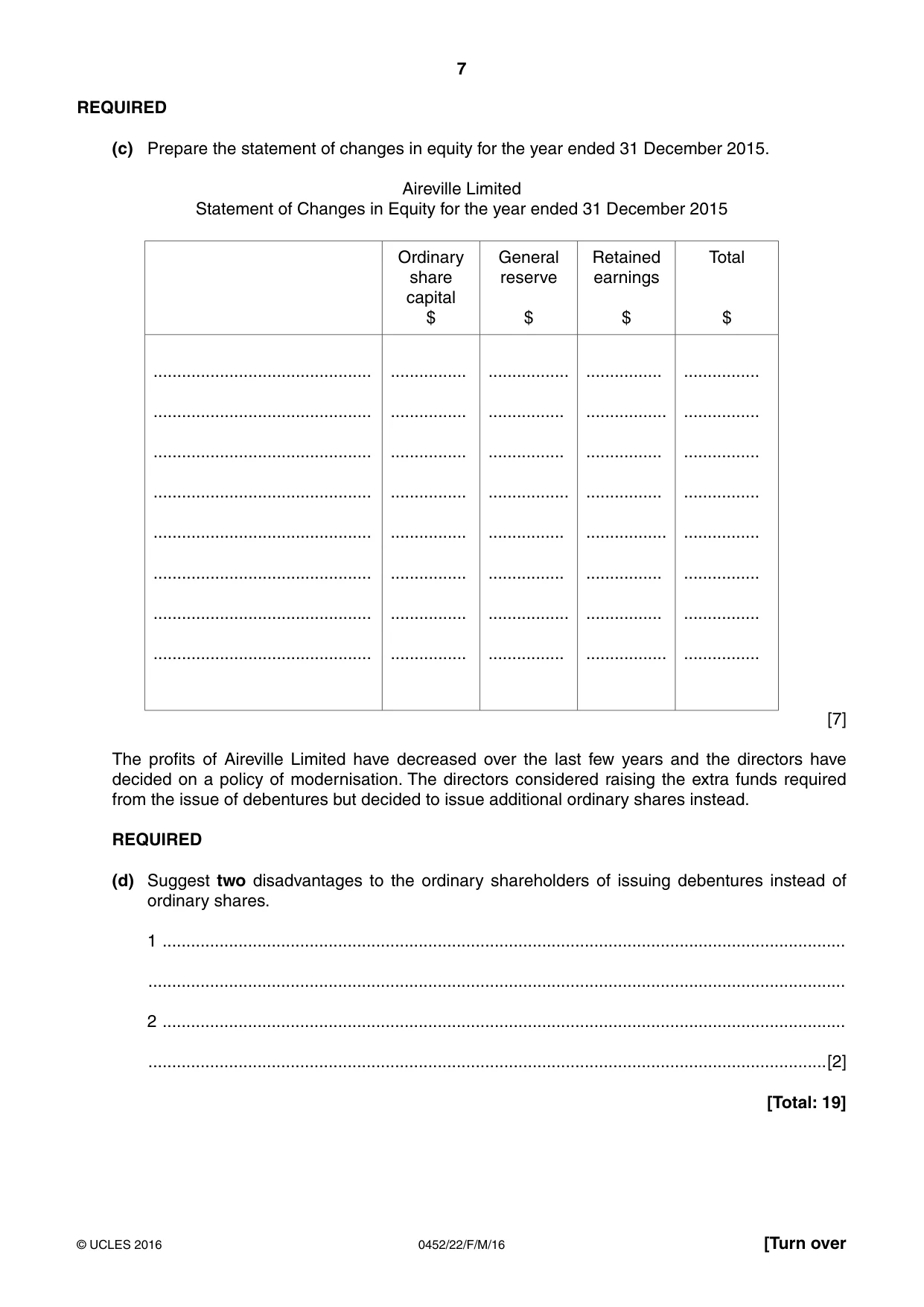 Cambridge IGCSE Accounting 0452 2016 Feb/March Paper 2 · Variant 2 question paper, page 7 of 20