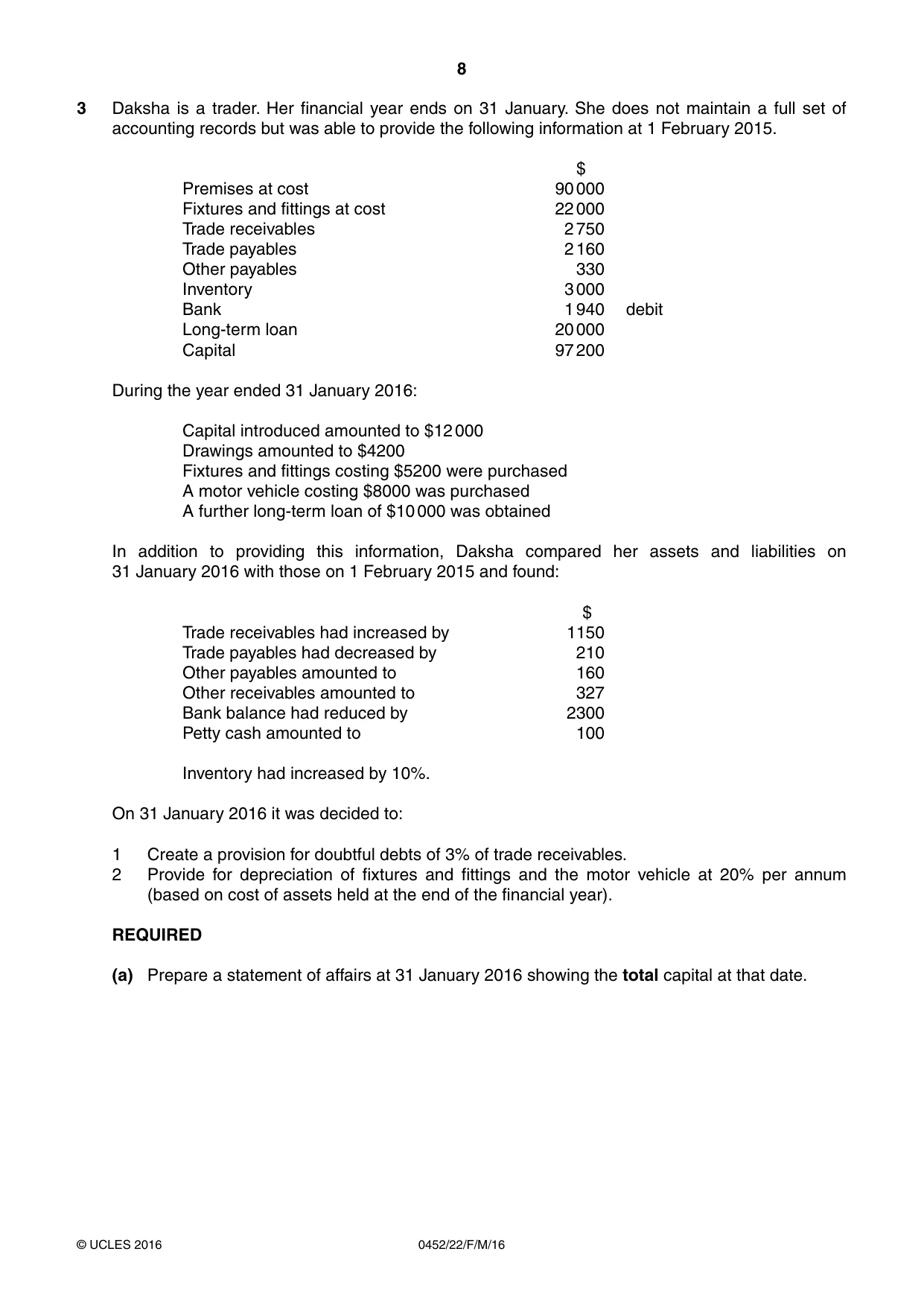 Cambridge IGCSE Accounting 0452 2016 Feb/March Paper 2 · Variant 2 question paper, page 8 of 20