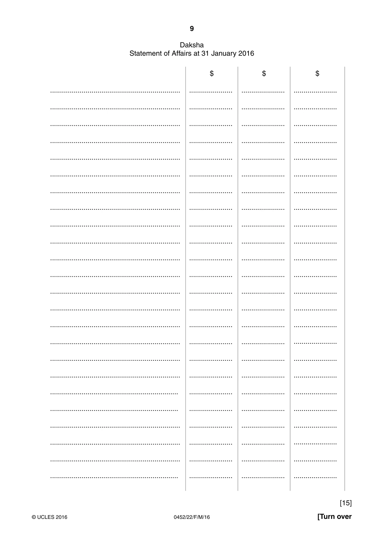Cambridge IGCSE Accounting 0452 2016 Feb/March Paper 2 · Variant 2 question paper, page 9 of 20