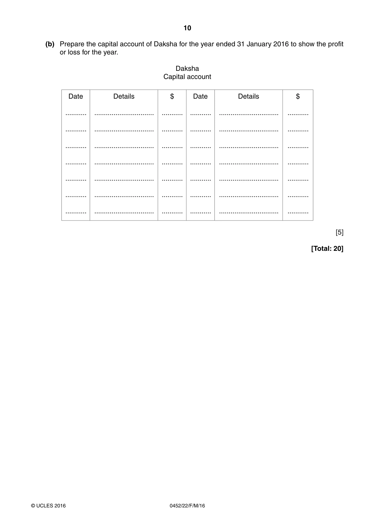 Cambridge IGCSE Accounting 0452 2016 Feb/March Paper 2 · Variant 2 question paper, page 10 of 20