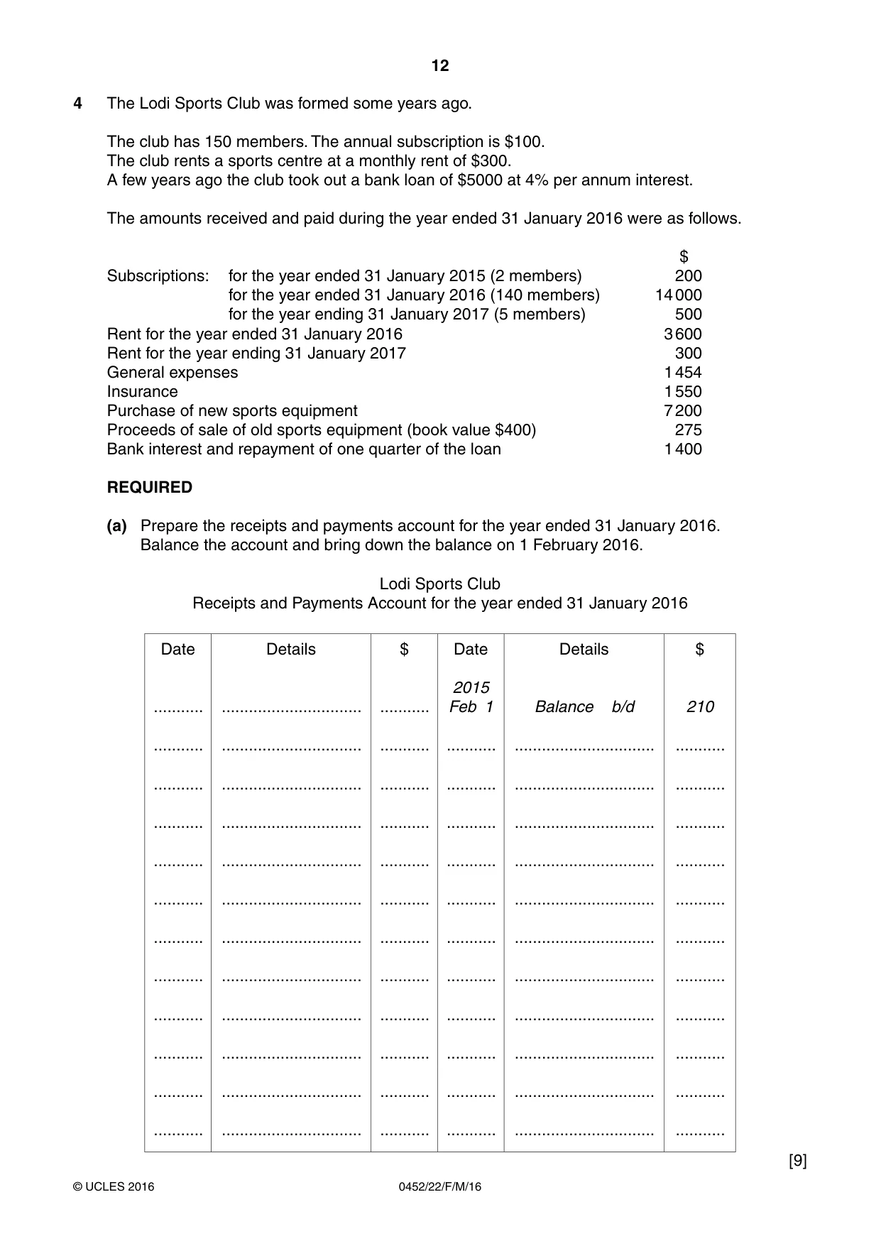 Cambridge IGCSE Accounting 0452 2016 Feb/March Paper 2 · Variant 2 question paper, page 12 of 20