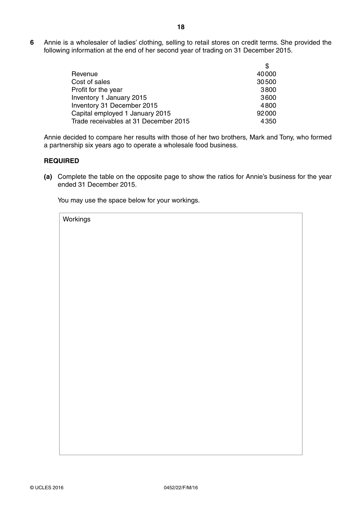 Cambridge IGCSE Accounting 0452 2016 Feb/March Paper 2 · Variant 2 question paper, page 18 of 20