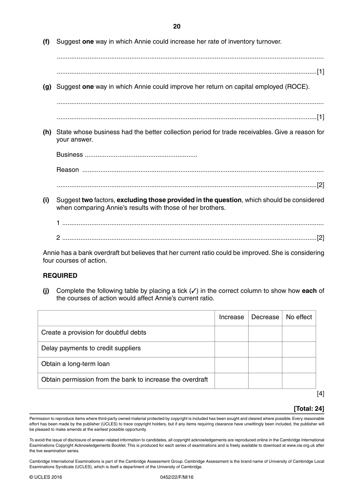 Cambridge IGCSE Accounting 0452 2016 Feb/March Paper 2 · Variant 2 question paper, page 20 of 20