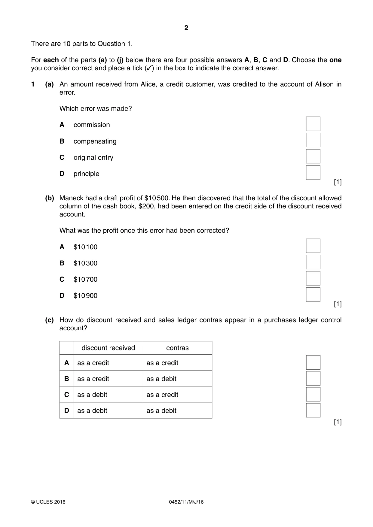 Cambridge IGCSE Accounting 0452 2016 May/June Paper 1 · Variant 1 question paper, page 2 of 20