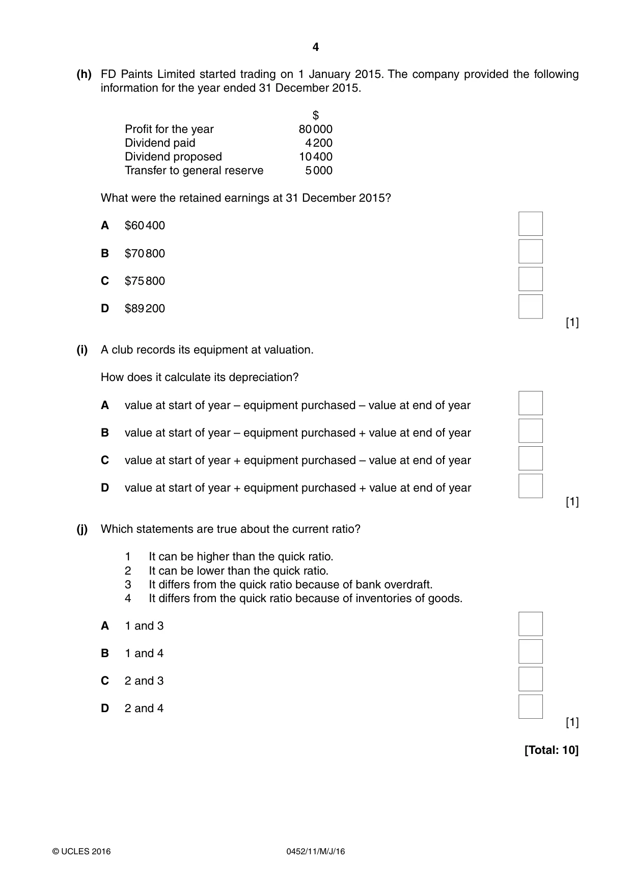 Cambridge IGCSE Accounting 0452 2016 May/June Paper 1 · Variant 1 question paper, page 4 of 20