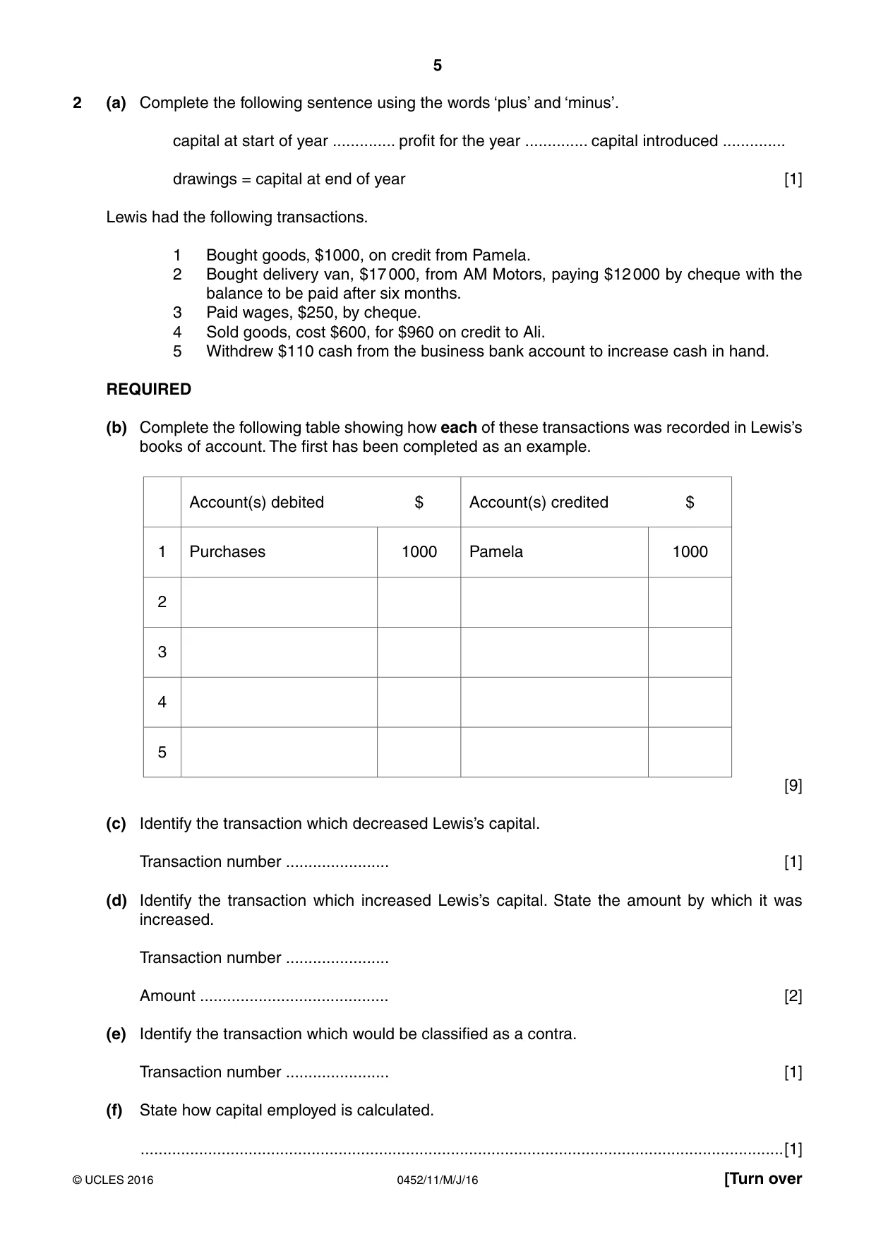 Cambridge IGCSE Accounting 0452 2016 May/June Paper 1 · Variant 1 question paper, page 5 of 20