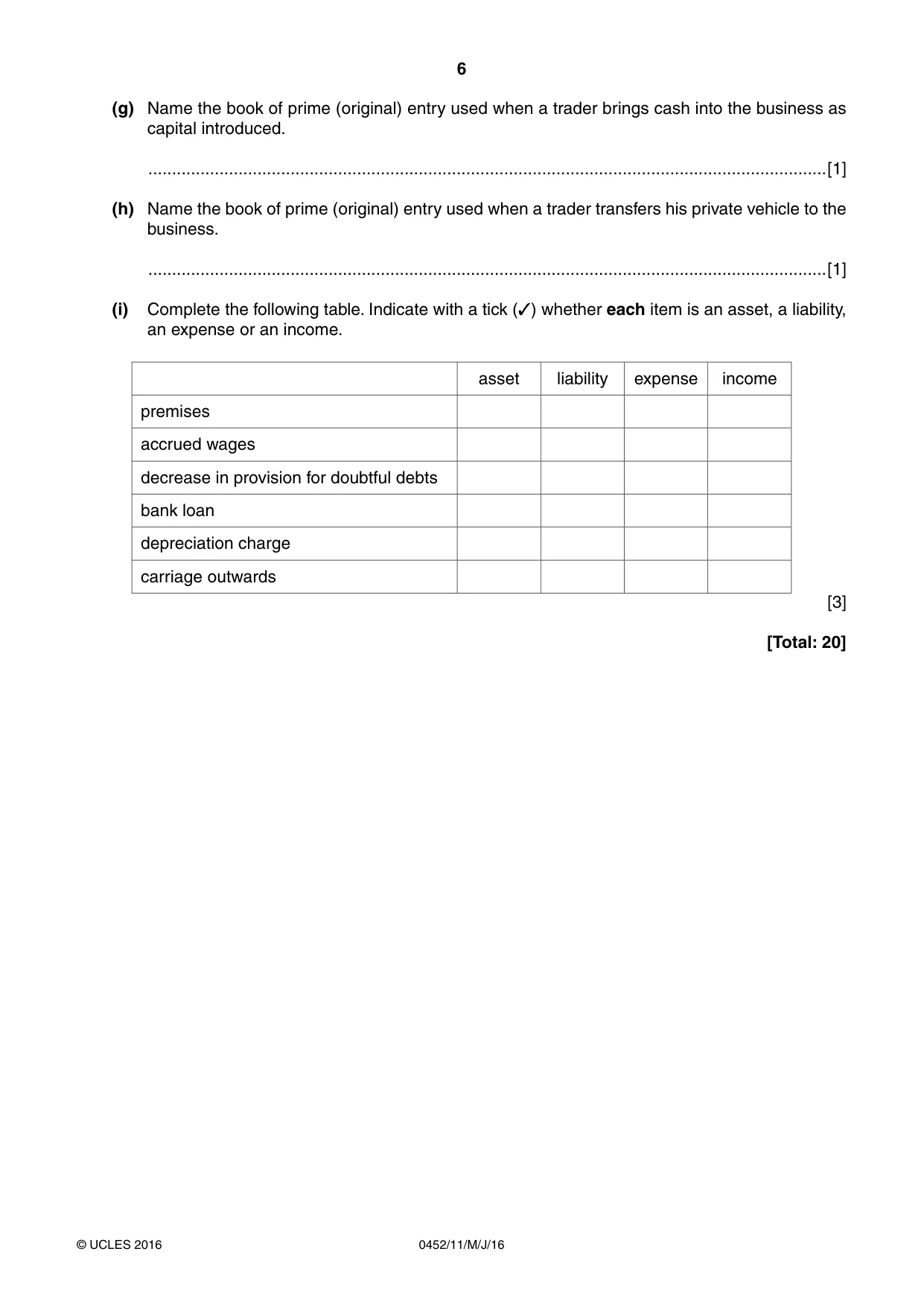 Cambridge IGCSE Accounting 0452 2016 May/June Paper 1 · Variant 1 question paper, page 6 of 20