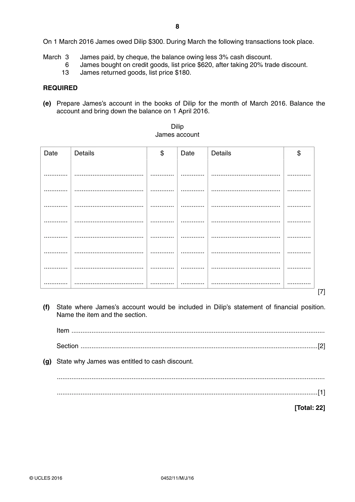 Cambridge IGCSE Accounting 0452 2016 May/June Paper 1 · Variant 1 question paper, page 8 of 20