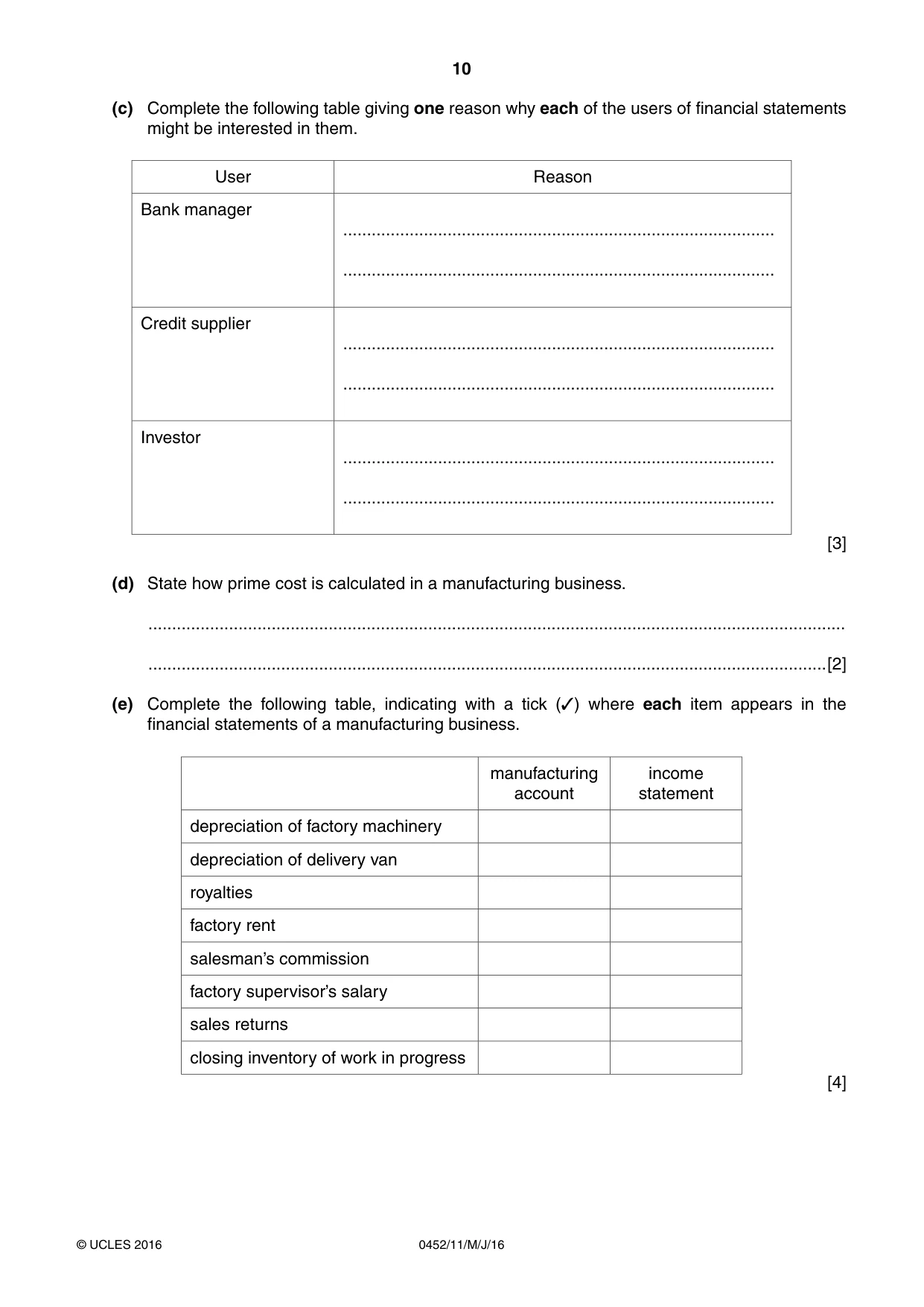 Cambridge IGCSE Accounting 0452 2016 May/June Paper 1 · Variant 1 question paper, page 10 of 20