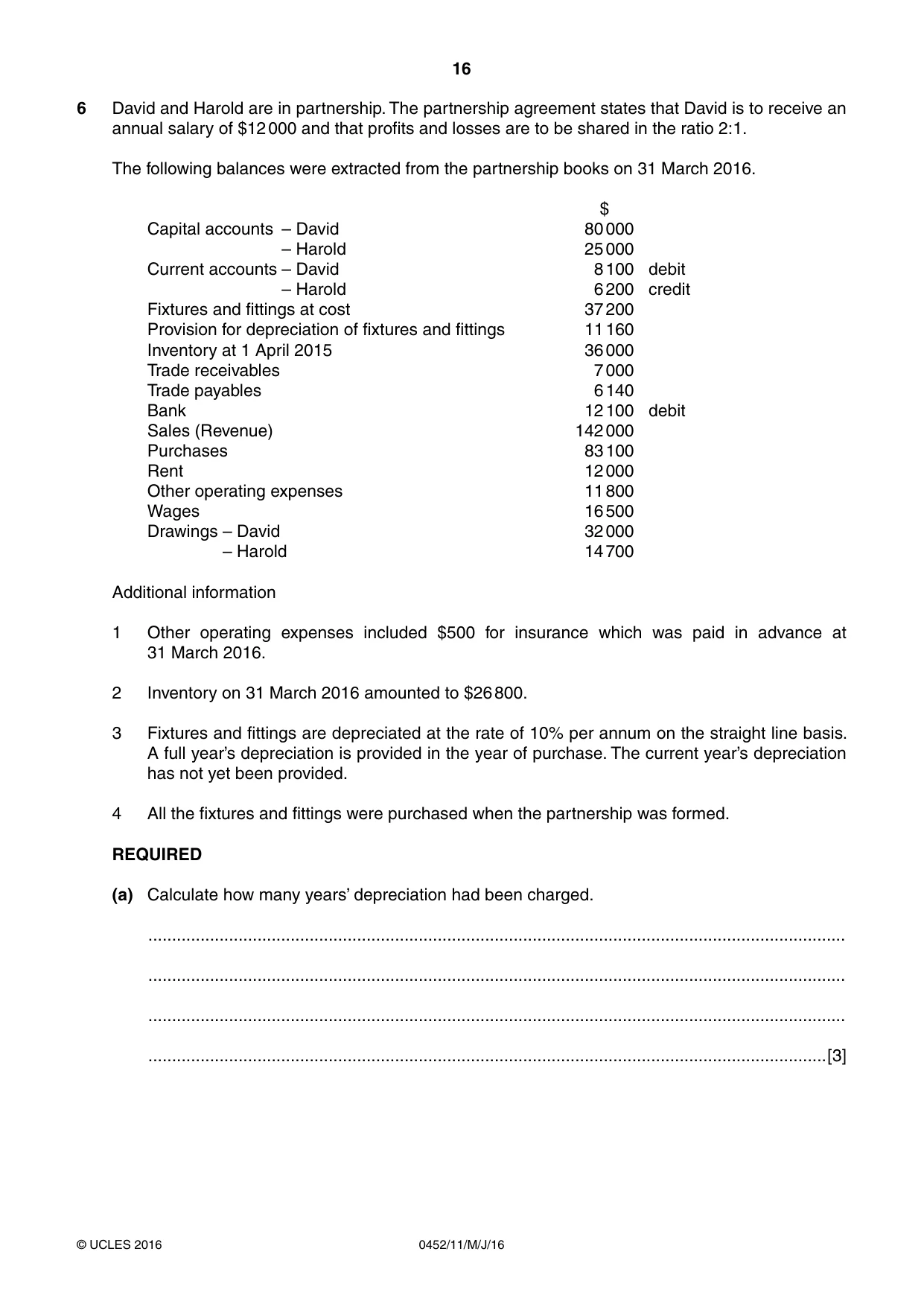 Cambridge IGCSE Accounting 0452 2016 May/June Paper 1 · Variant 1 question paper, page 16 of 20