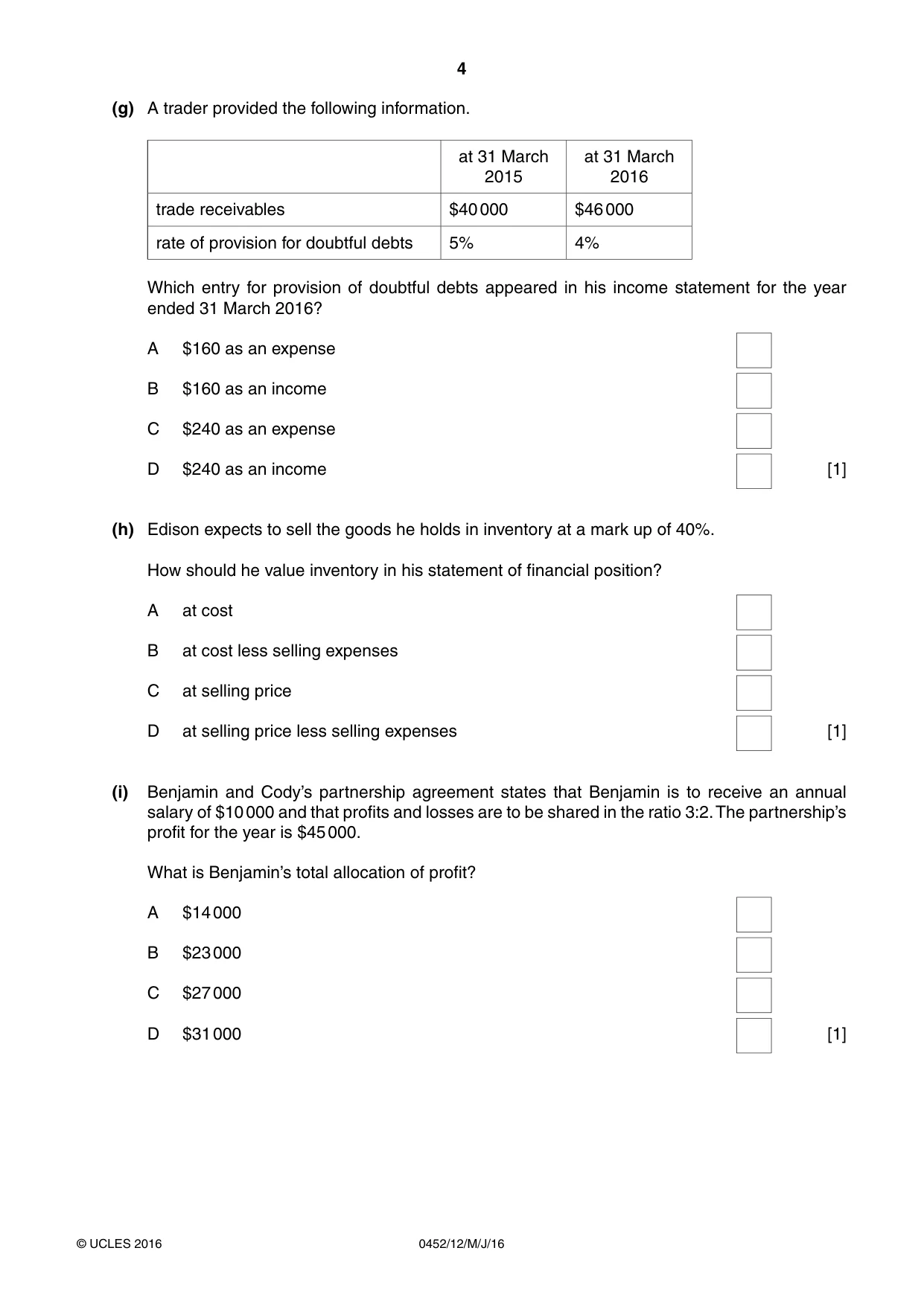 Cambridge IGCSE Accounting 0452 2016 May/June Paper 1 · Variant 2 question paper, page 4 of 20