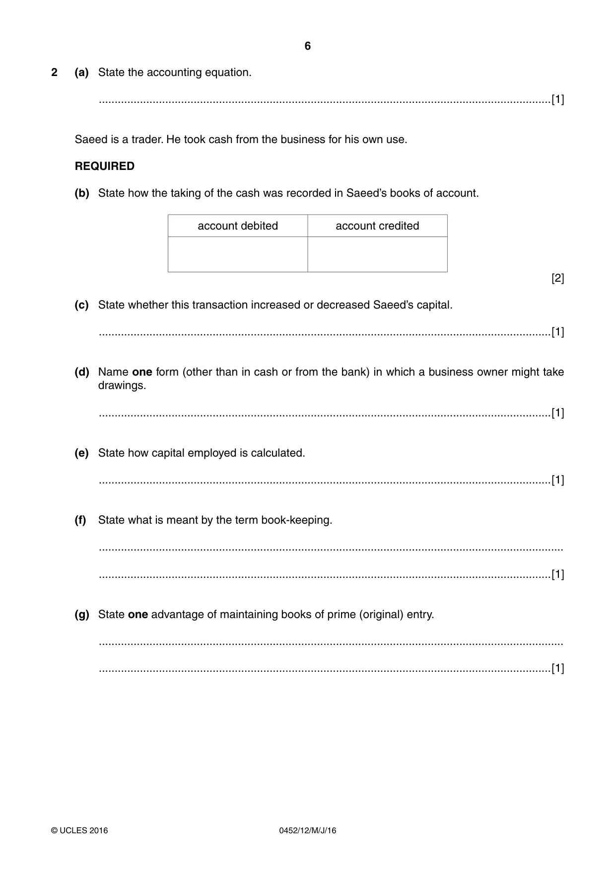 Cambridge IGCSE Accounting 0452 2016 May/June Paper 1 · Variant 2 question paper, page 6 of 20