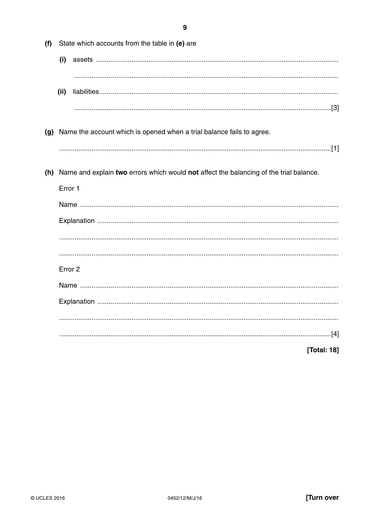 Cambridge IGCSE Accounting 0452 2016 May/June Paper 1 · Variant 2 question paper, page 9 of 20
