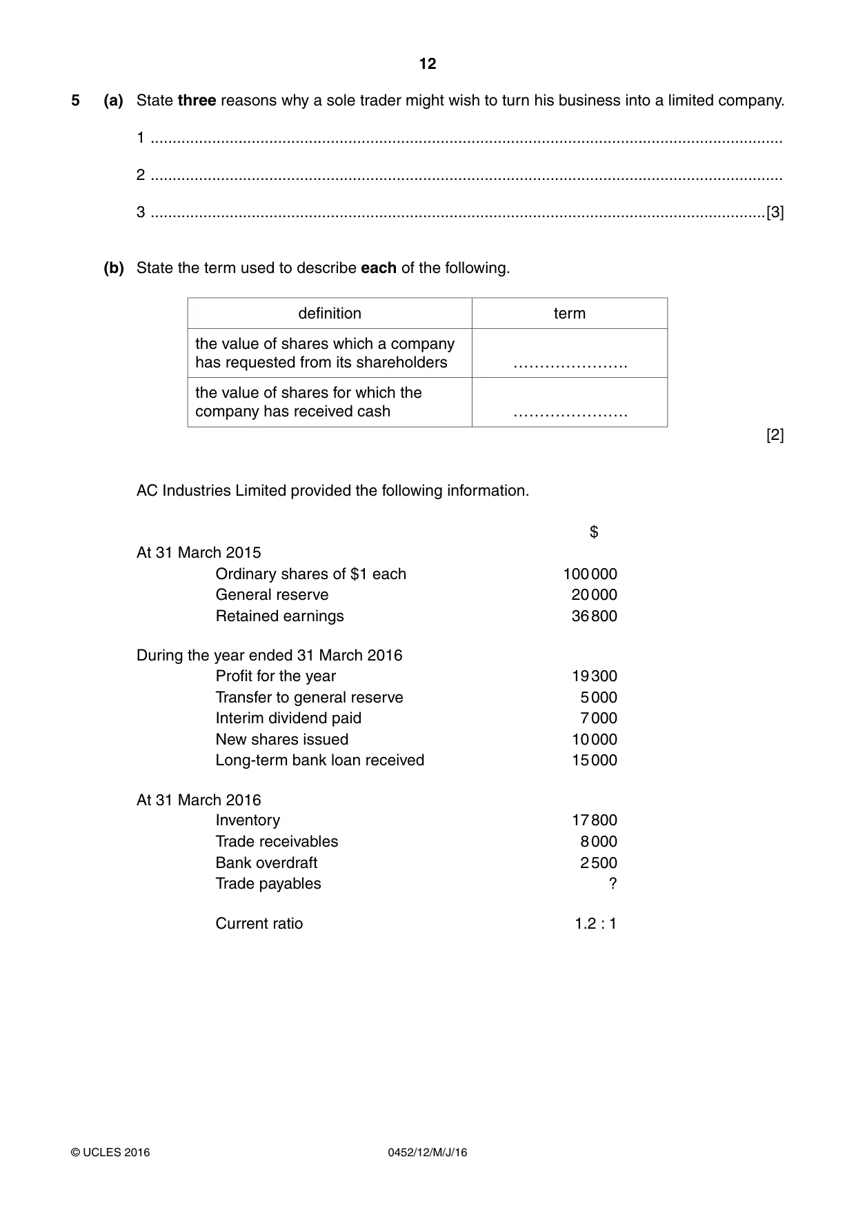 Cambridge IGCSE Accounting 0452 2016 May/June Paper 1 · Variant 2 question paper, page 12 of 20