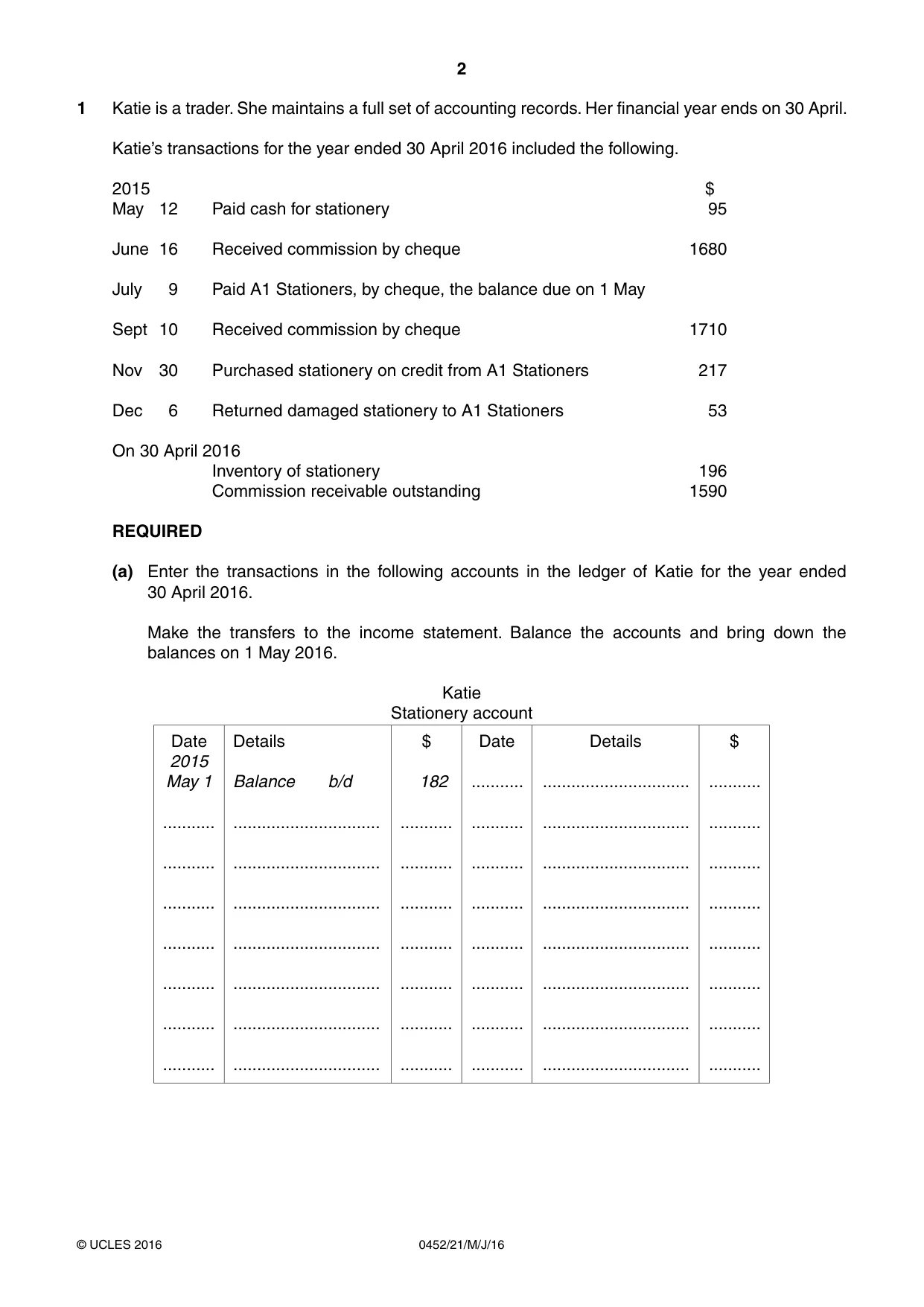 Cambridge IGCSE Accounting 0452 2016 May/June Paper 2 · Variant 1 question paper, page 2 of 20