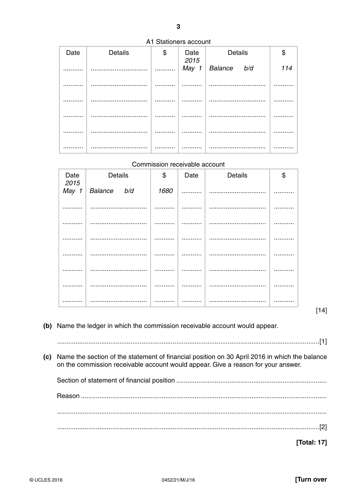Cambridge IGCSE Accounting 0452 2016 May/June Paper 2 · Variant 1 question paper, page 3 of 20
