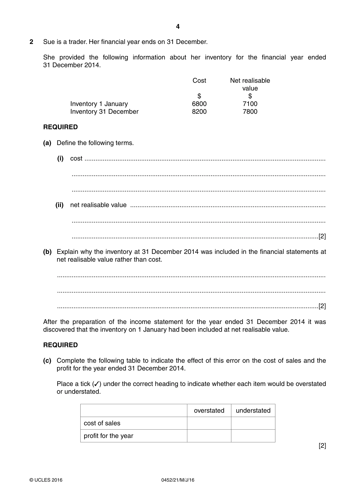 Cambridge IGCSE Accounting 0452 2016 May/June Paper 2 · Variant 1 question paper, page 4 of 20