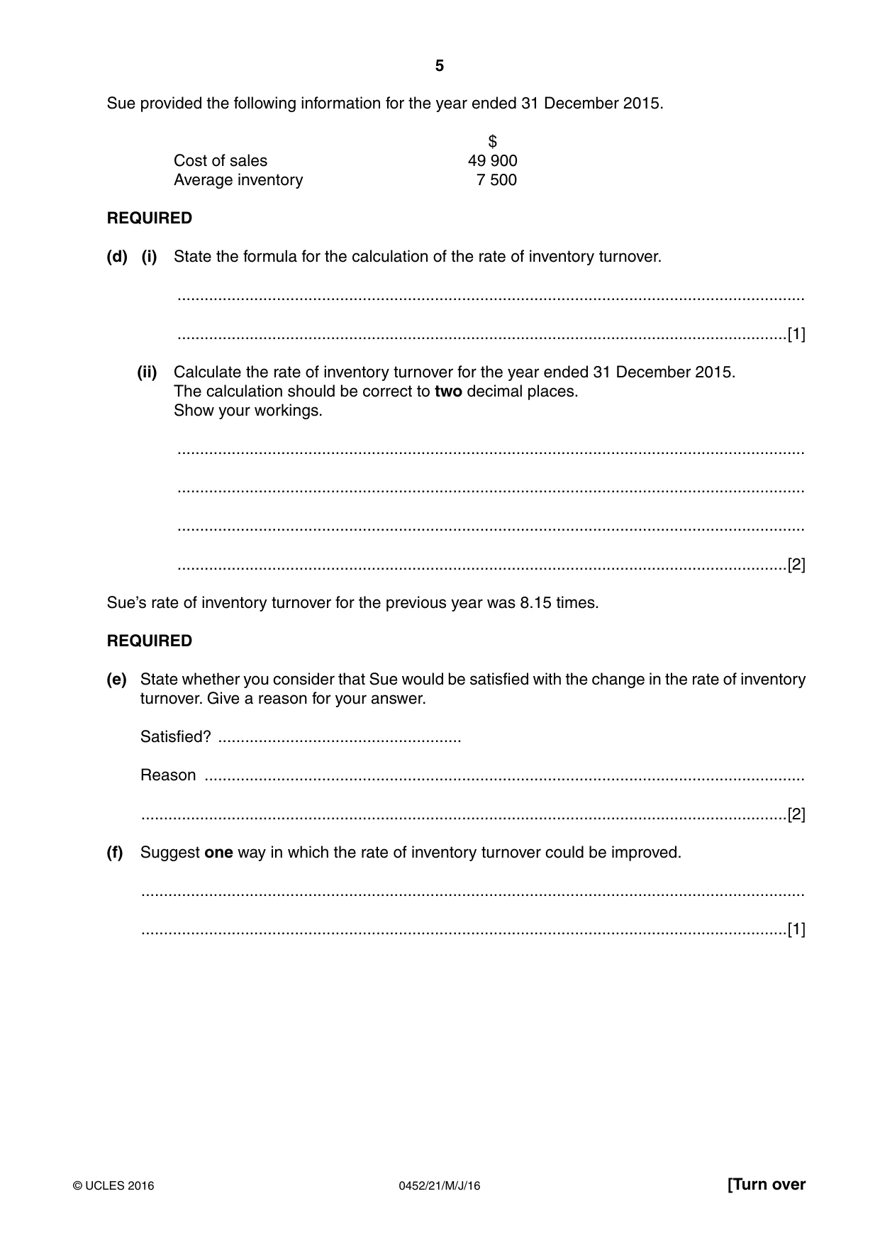 Cambridge IGCSE Accounting 0452 2016 May/June Paper 2 · Variant 1 question paper, page 5 of 20