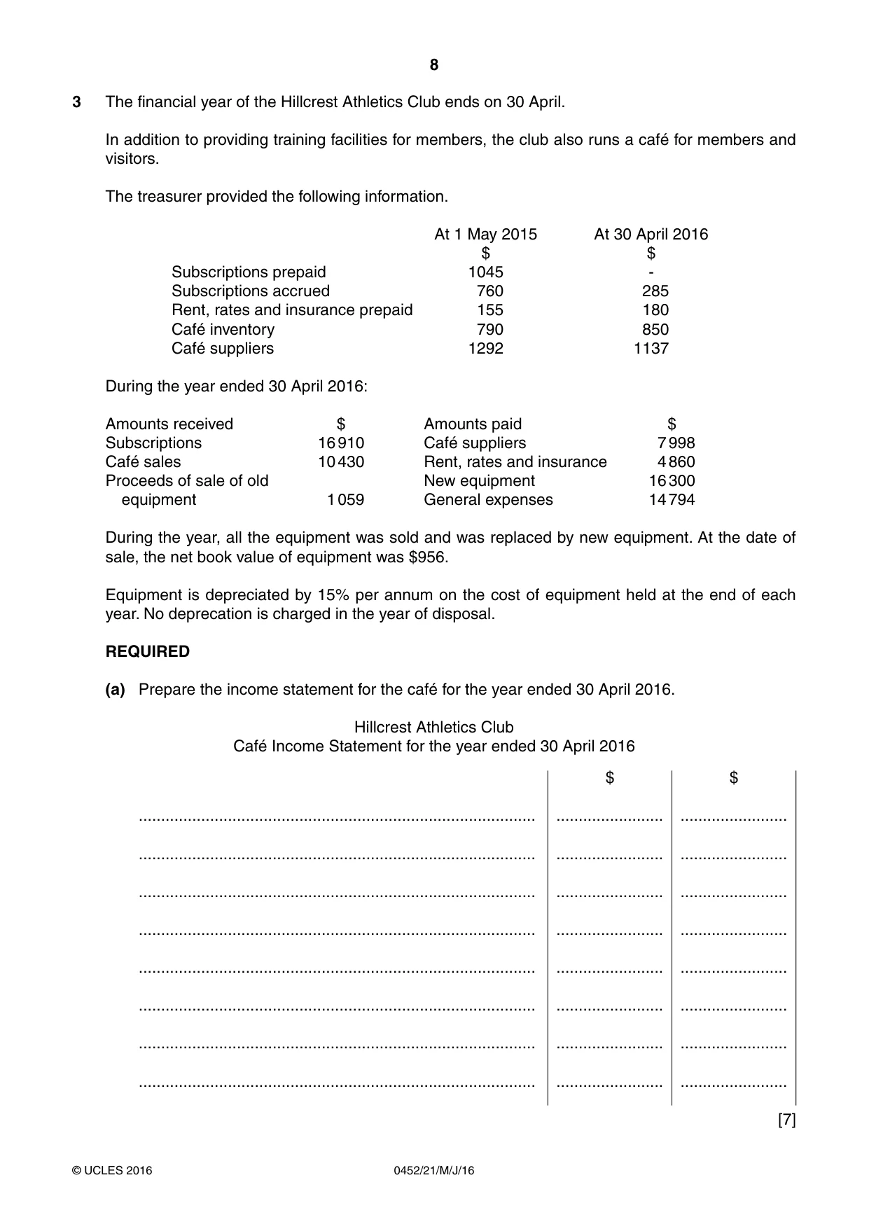 Cambridge IGCSE Accounting 0452 2016 May/June Paper 2 · Variant 1 question paper, page 8 of 20
