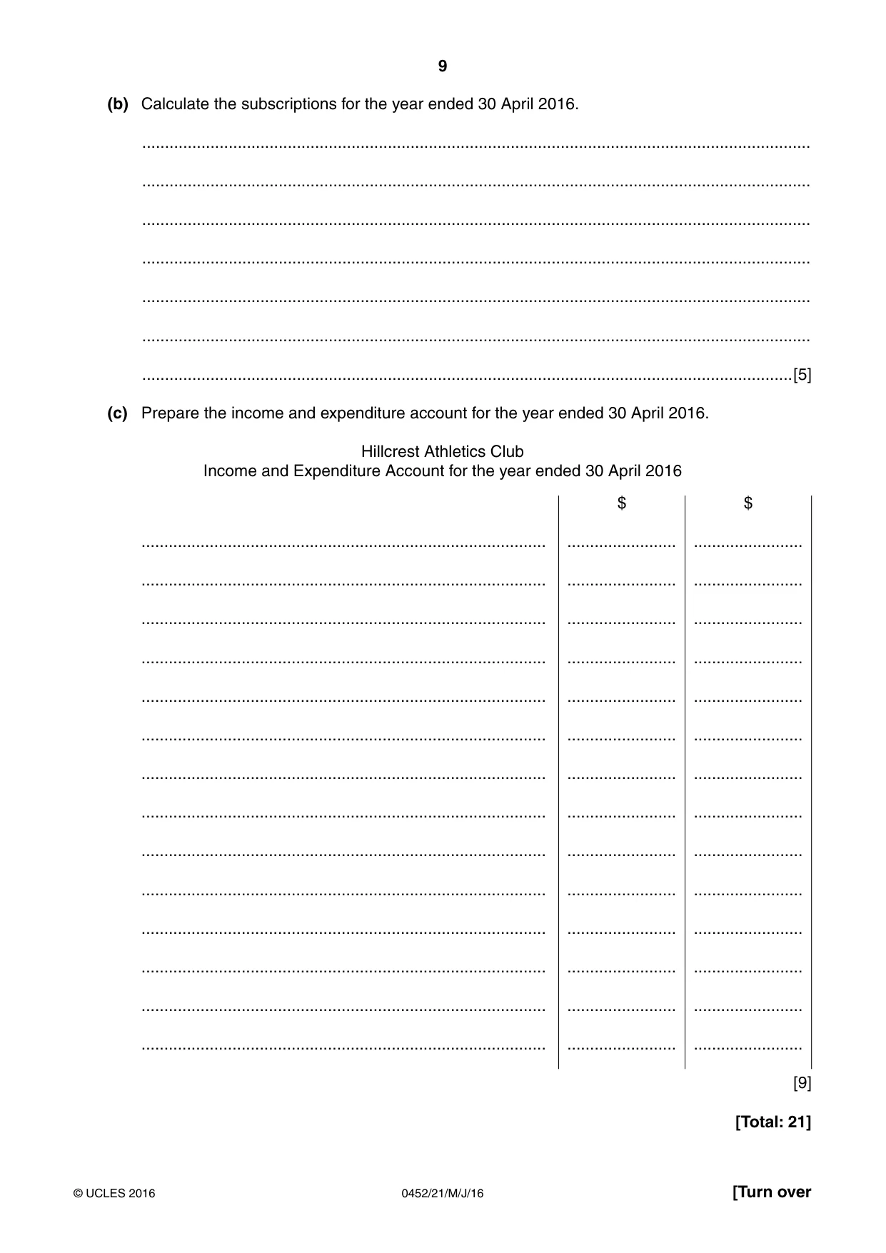 Cambridge IGCSE Accounting 0452 2016 May/June Paper 2 · Variant 1 question paper, page 9 of 20