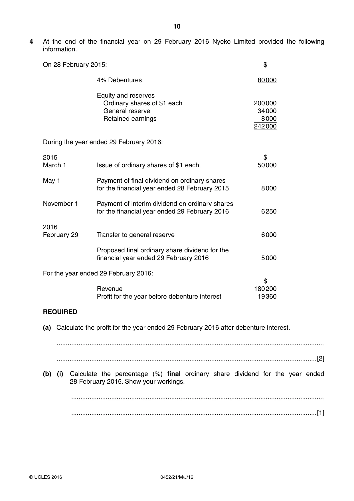 Cambridge IGCSE Accounting 0452 2016 May/June Paper 2 · Variant 1 question paper, page 10 of 20